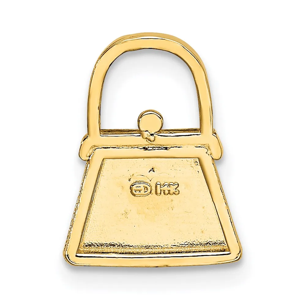 14K W/ Rhodium Textured and Polished Purse Charm