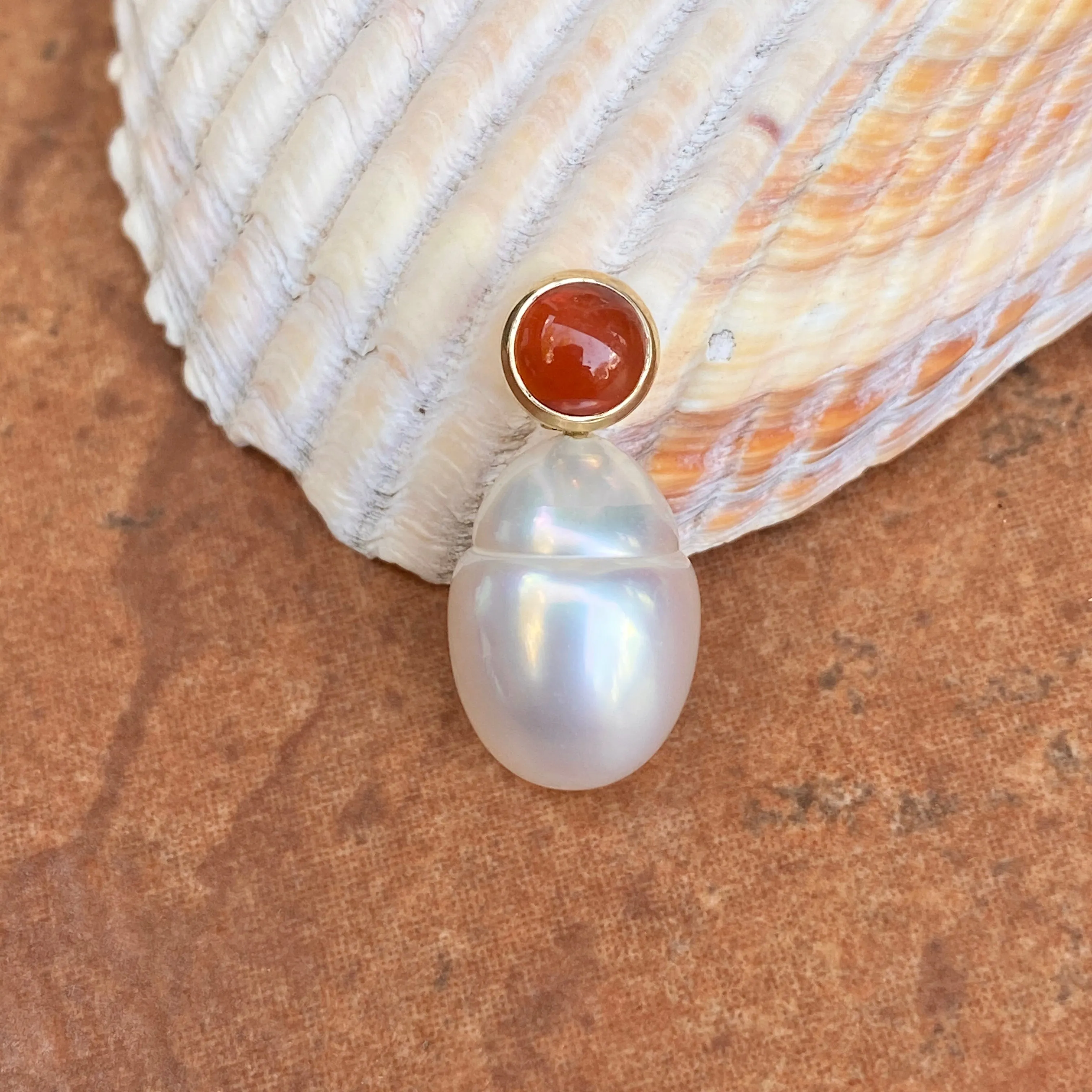 14KT Yellow Gold Red Carnelian Cab   10mm Paspaley South Sea Pearl Pendant