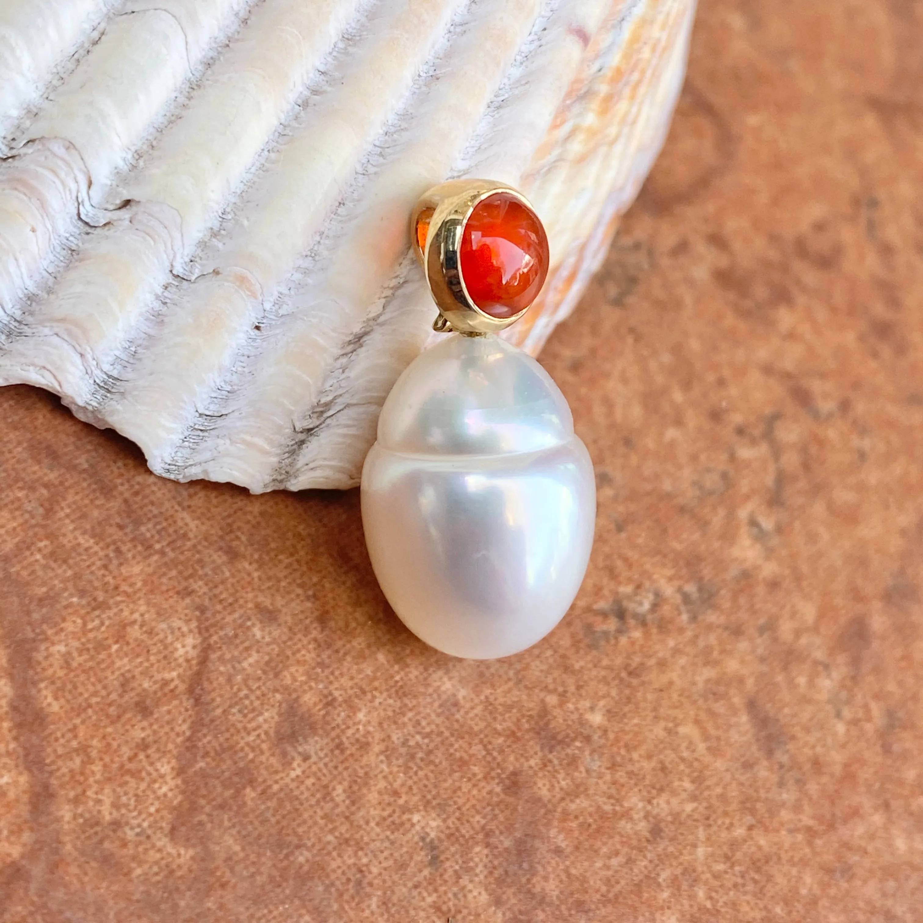 14KT Yellow Gold Red Carnelian Cab   10mm Paspaley South Sea Pearl Pendant