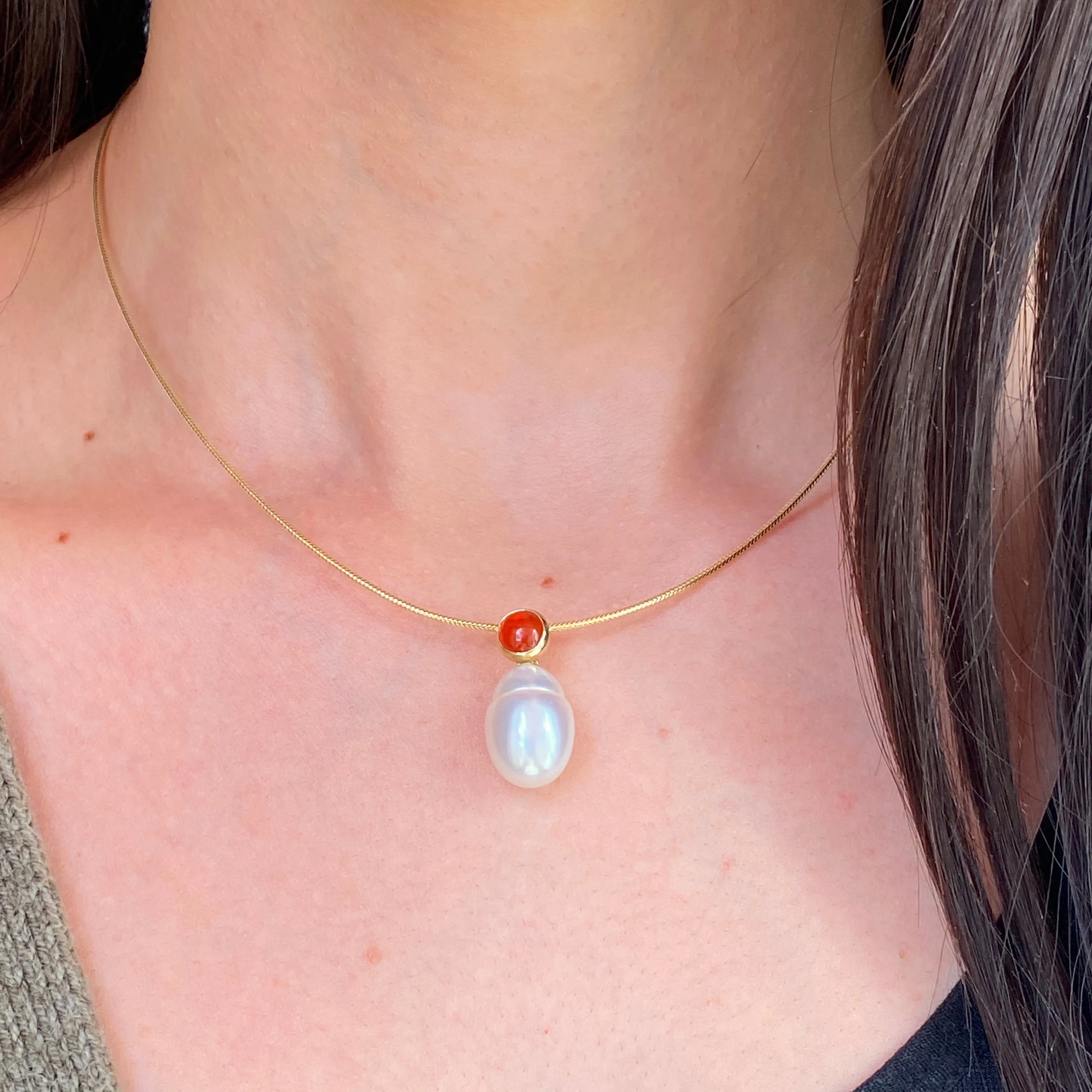 14KT Yellow Gold Red Carnelian Cab   10mm Paspaley South Sea Pearl Pendant