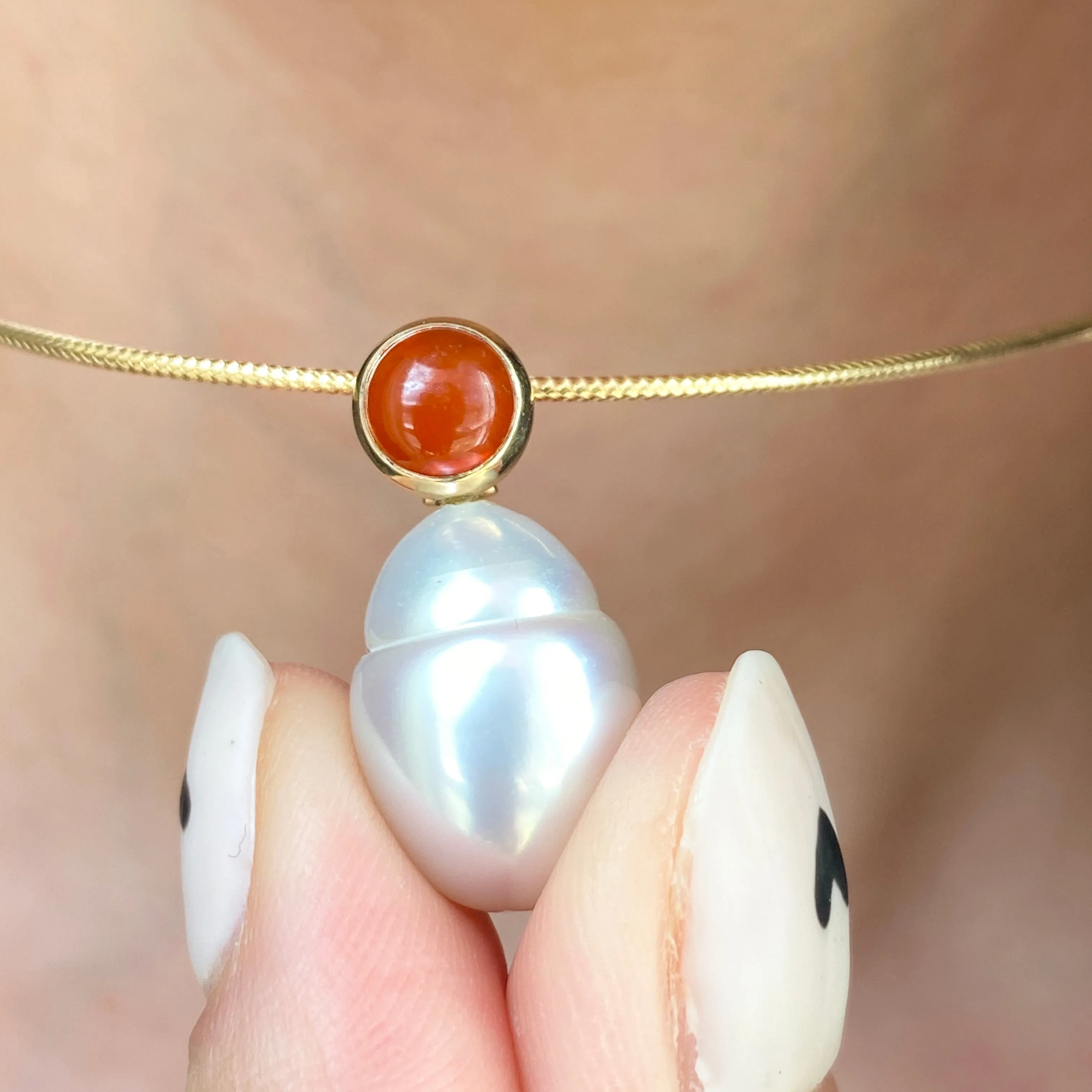 14KT Yellow Gold Red Carnelian Cab   10mm Paspaley South Sea Pearl Pendant