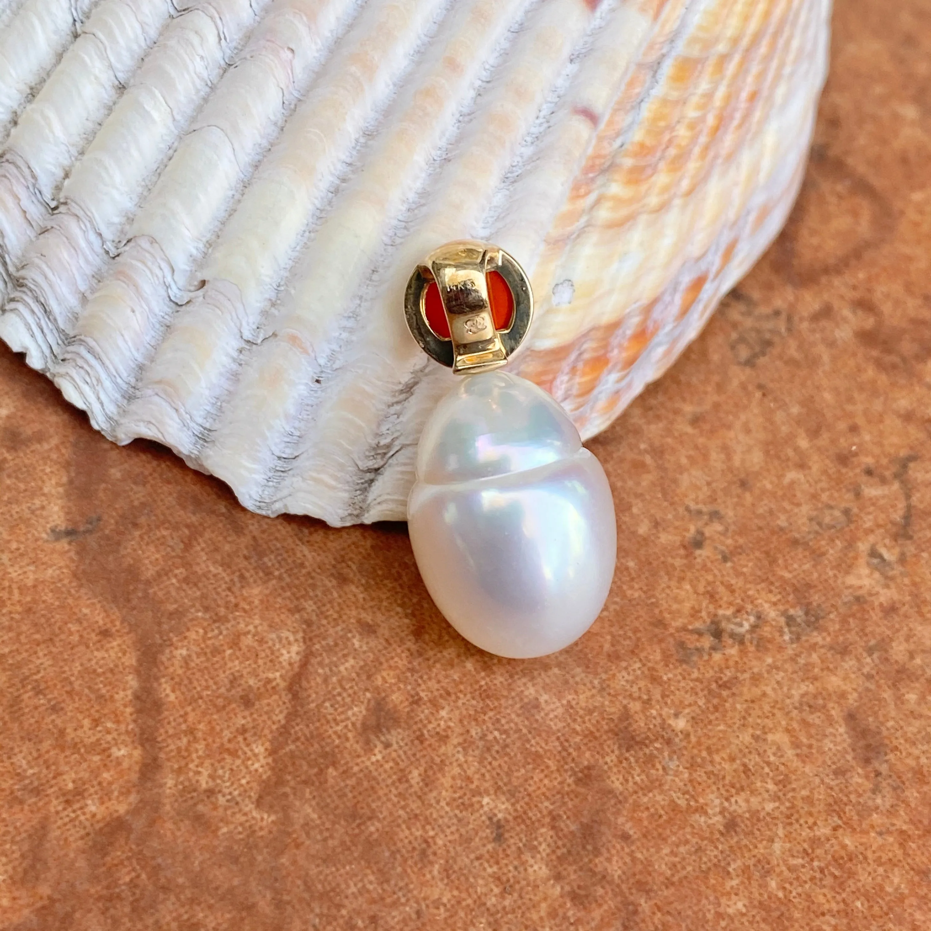 14KT Yellow Gold Red Carnelian Cab   10mm Paspaley South Sea Pearl Pendant