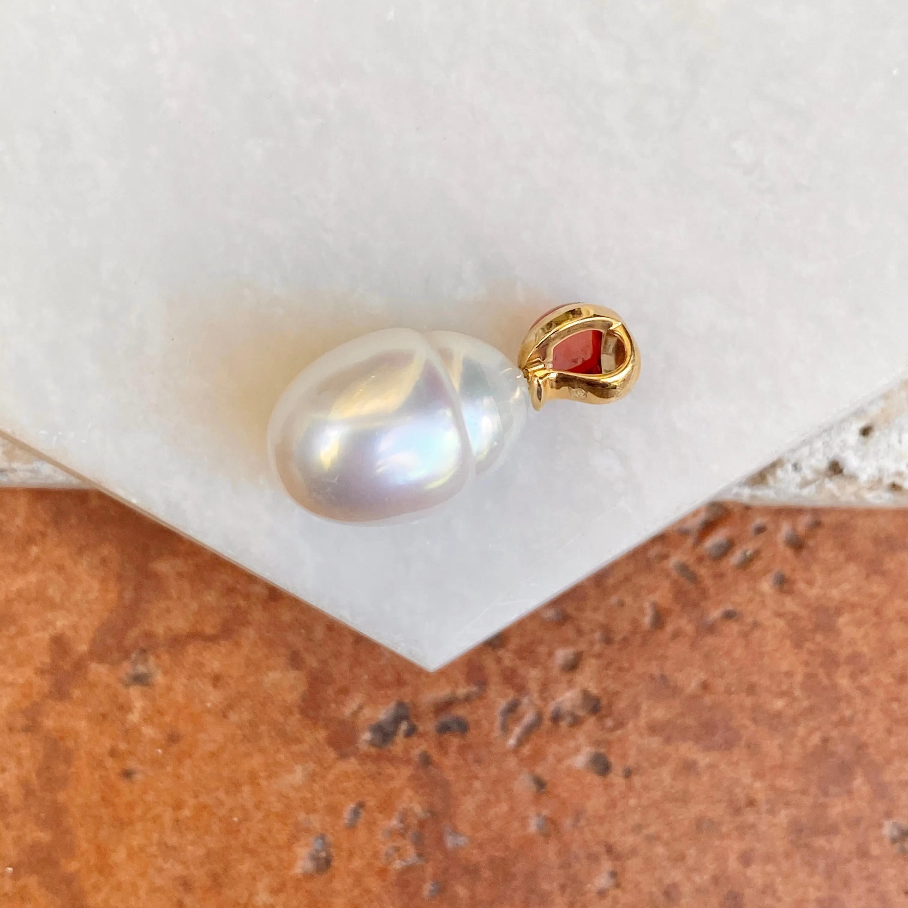 14KT Yellow Gold Red Carnelian Cab   10mm Paspaley South Sea Pearl Pendant