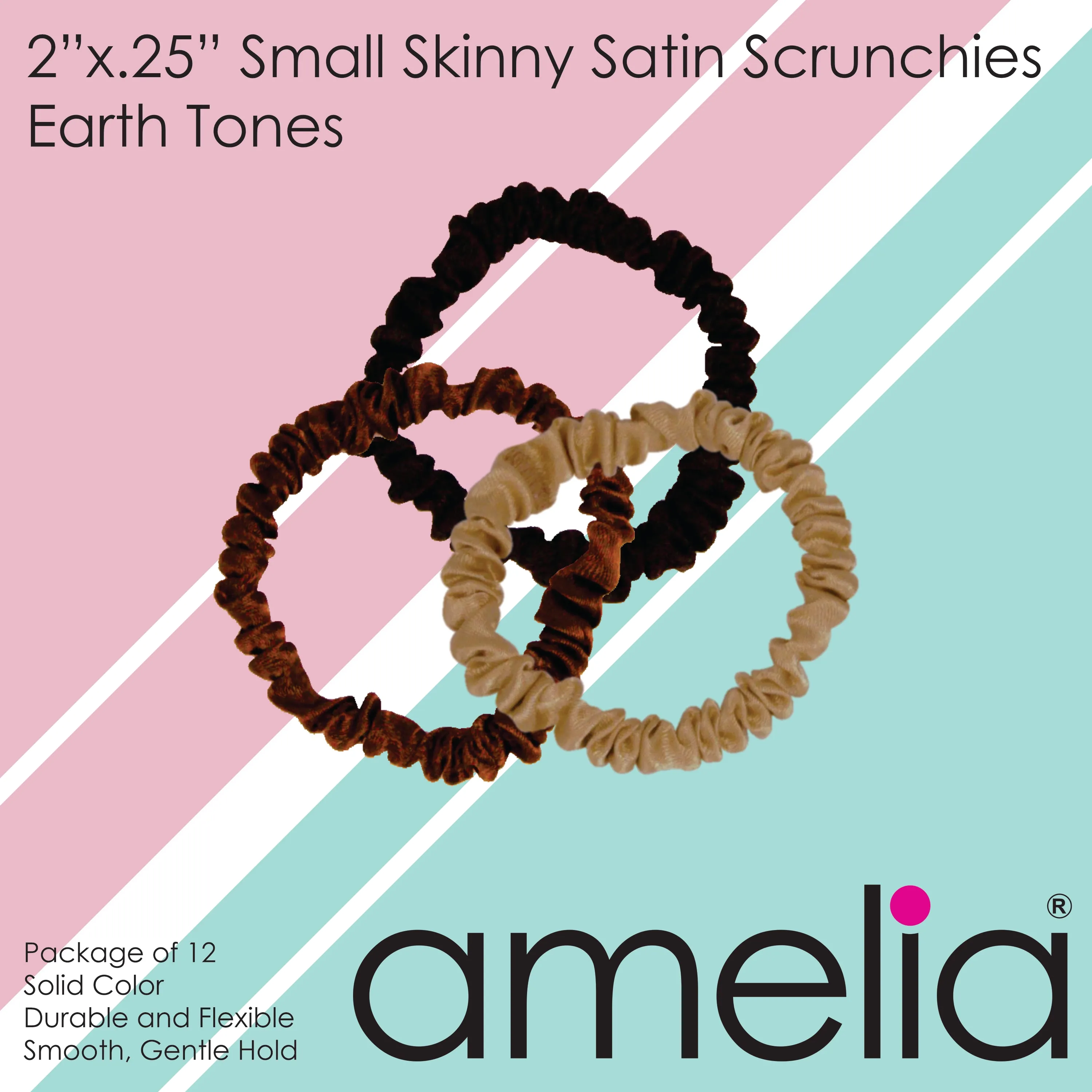 Amelia Beauty, Earth Tones Skinny Satin Scrunchies, 2in Diameter, Gentle and Strong Hold, No Snag, No Dents or Creases. 12 Pack