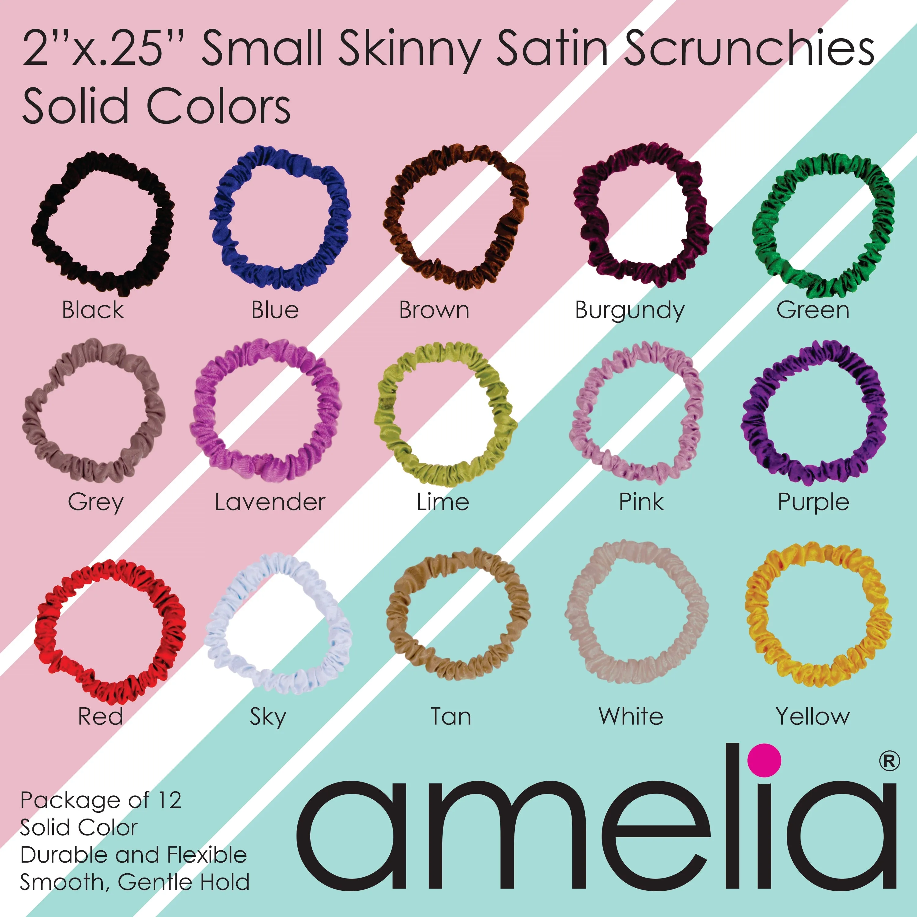 Amelia Beauty, Lavender Skinny Satin Scrunchies, 2in Diameter, Gentle and Strong Hold, No Snag, No Dents or Creases. 12 Pack