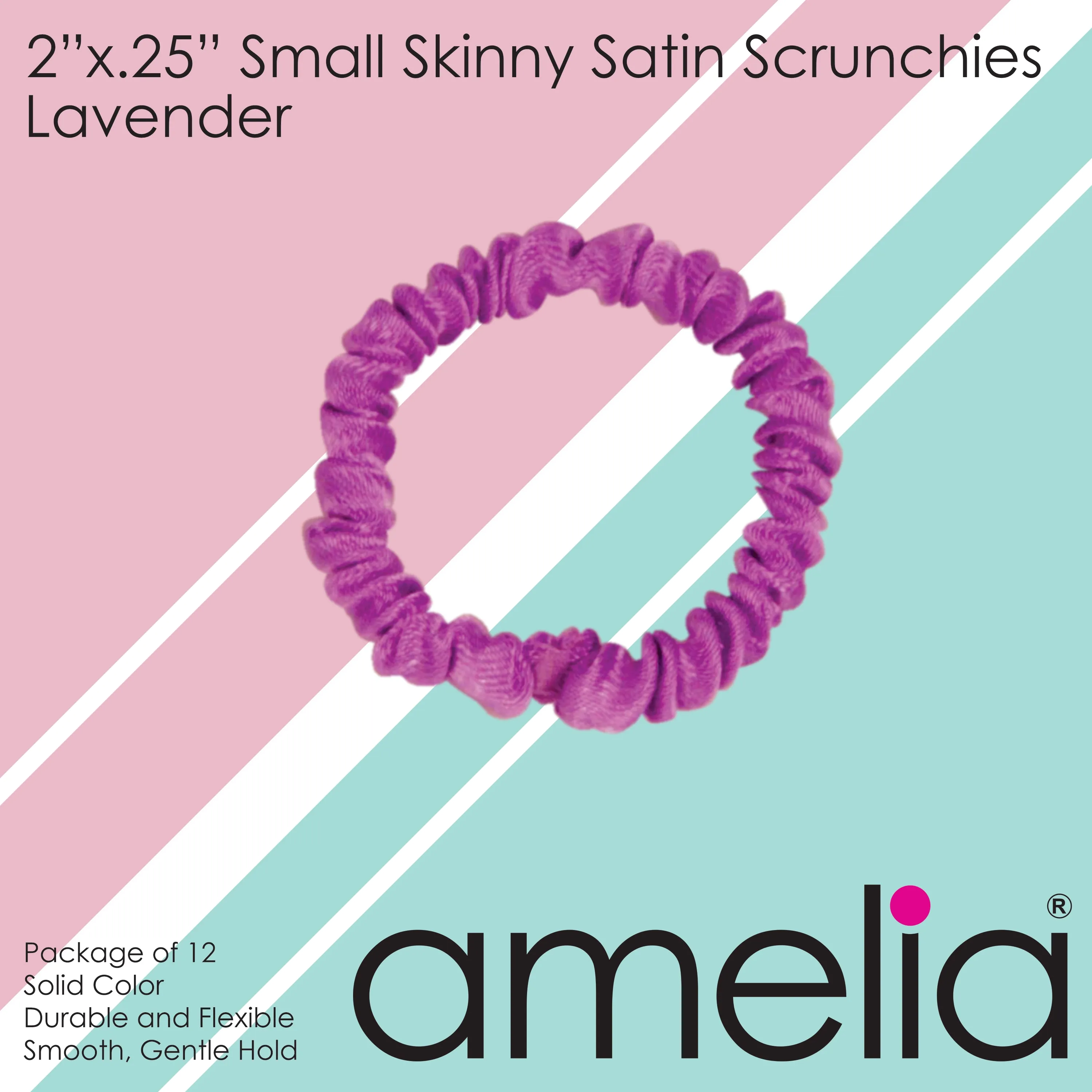Amelia Beauty, Lavender Skinny Satin Scrunchies, 2in Diameter, Gentle and Strong Hold, No Snag, No Dents or Creases. 12 Pack