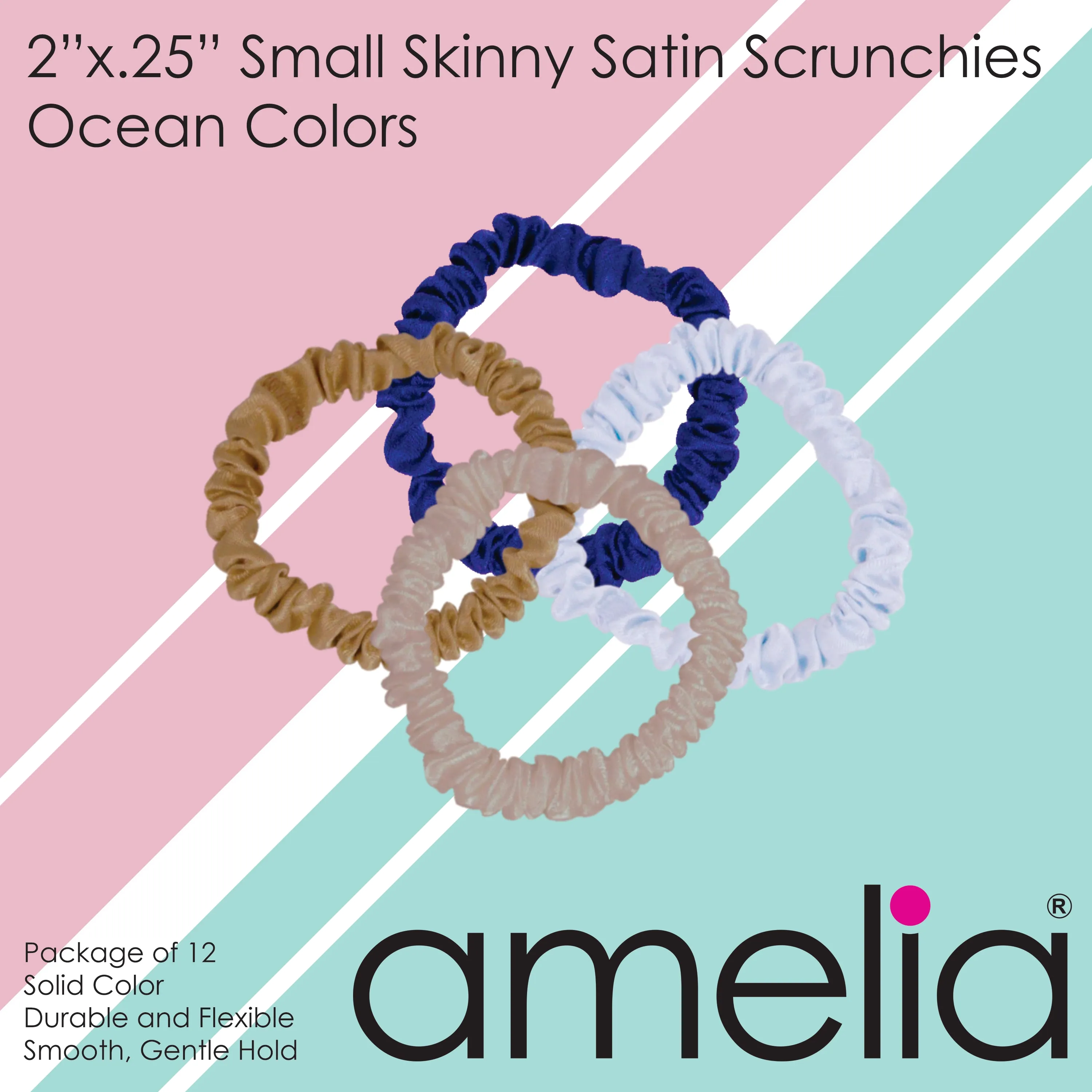 Amelia Beauty, Ocean Mix Skinny Satin Scrunchies, 2in Diameter, Gentle and Strong Hold, No Snag, No Dents or Creases. 12 Pack