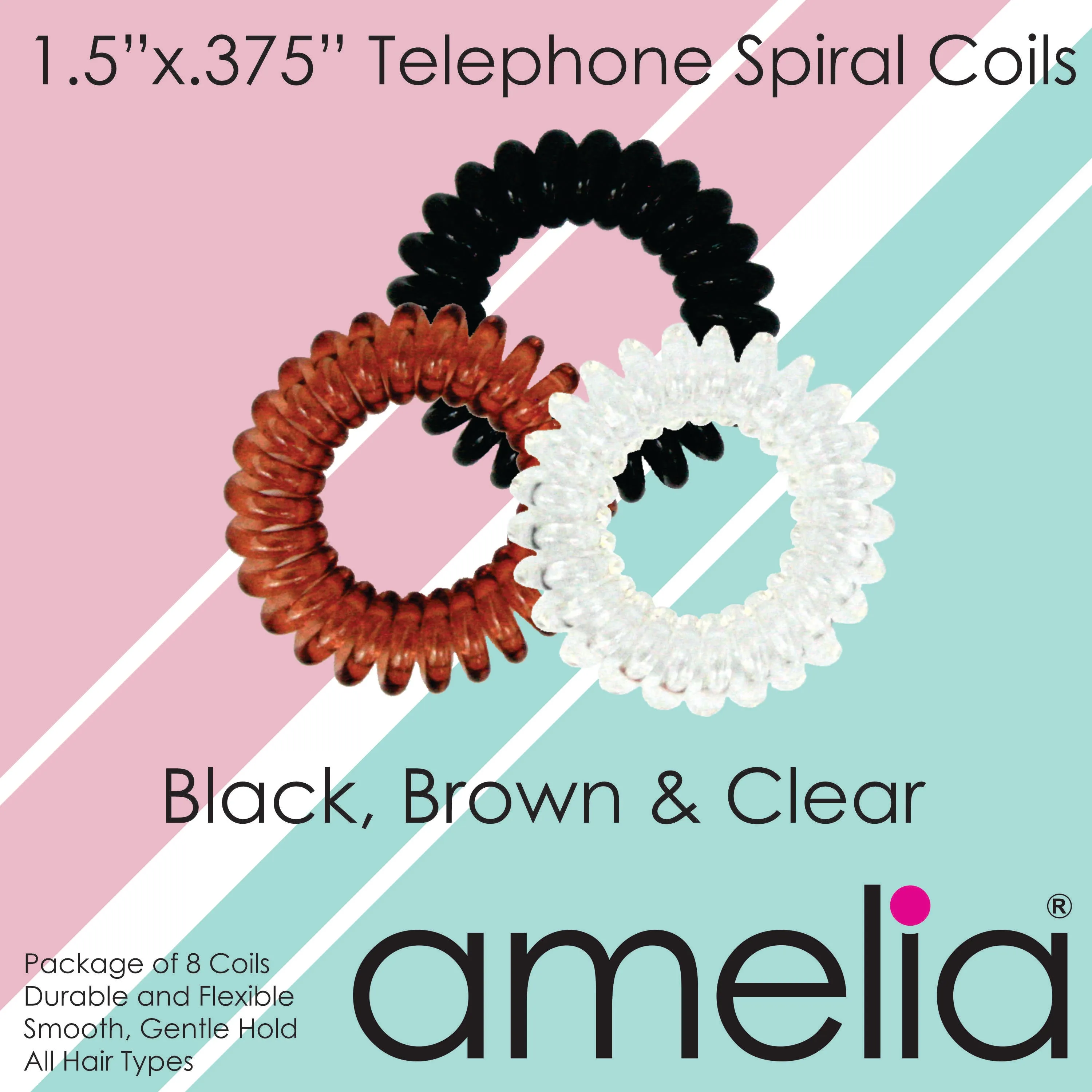 Amelia Beauty Products 8 Small Elastic Hair Coils, 1.5in Diameter Thick Spiral Hair Ties, Gentle on Hair, Strong Hold and Minimizes Dents and Creases, Black, Brown and Clear Mix