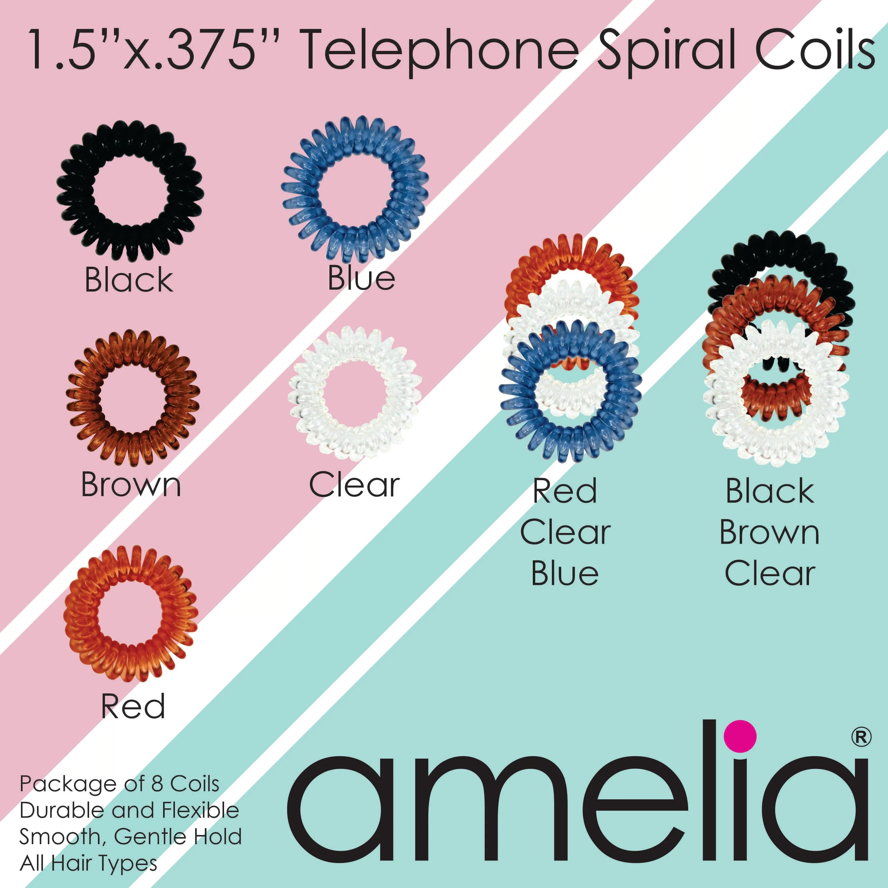 Amelia Beauty Products 8 Small Elastic Hair Coils, 1.5in Diameter Thick Spiral Hair Ties, Gentle on Hair, Strong Hold and Minimizes Dents and Creases, Black, Brown and Clear Mix