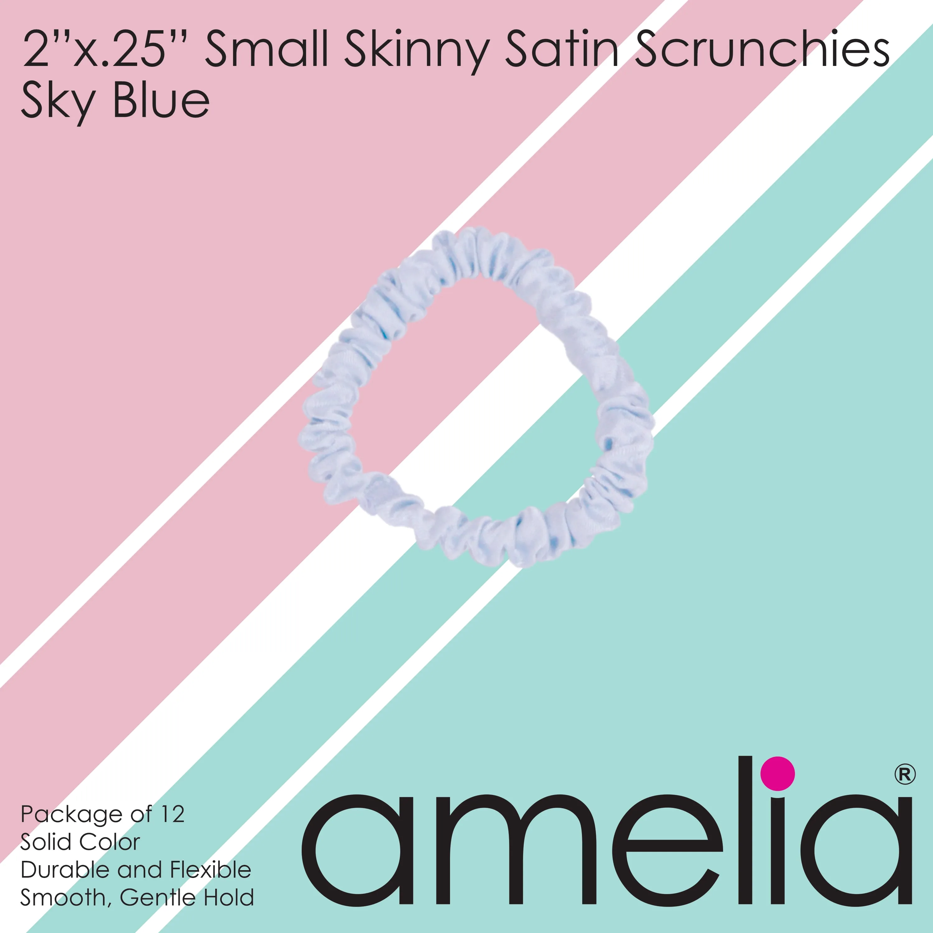 Amelia Beauty, Sky Blue Skinny Satin Scrunchies, 2in Diameter, Gentle and Strong Hold, No Snag, No Dents or Creases. 12 Pack
