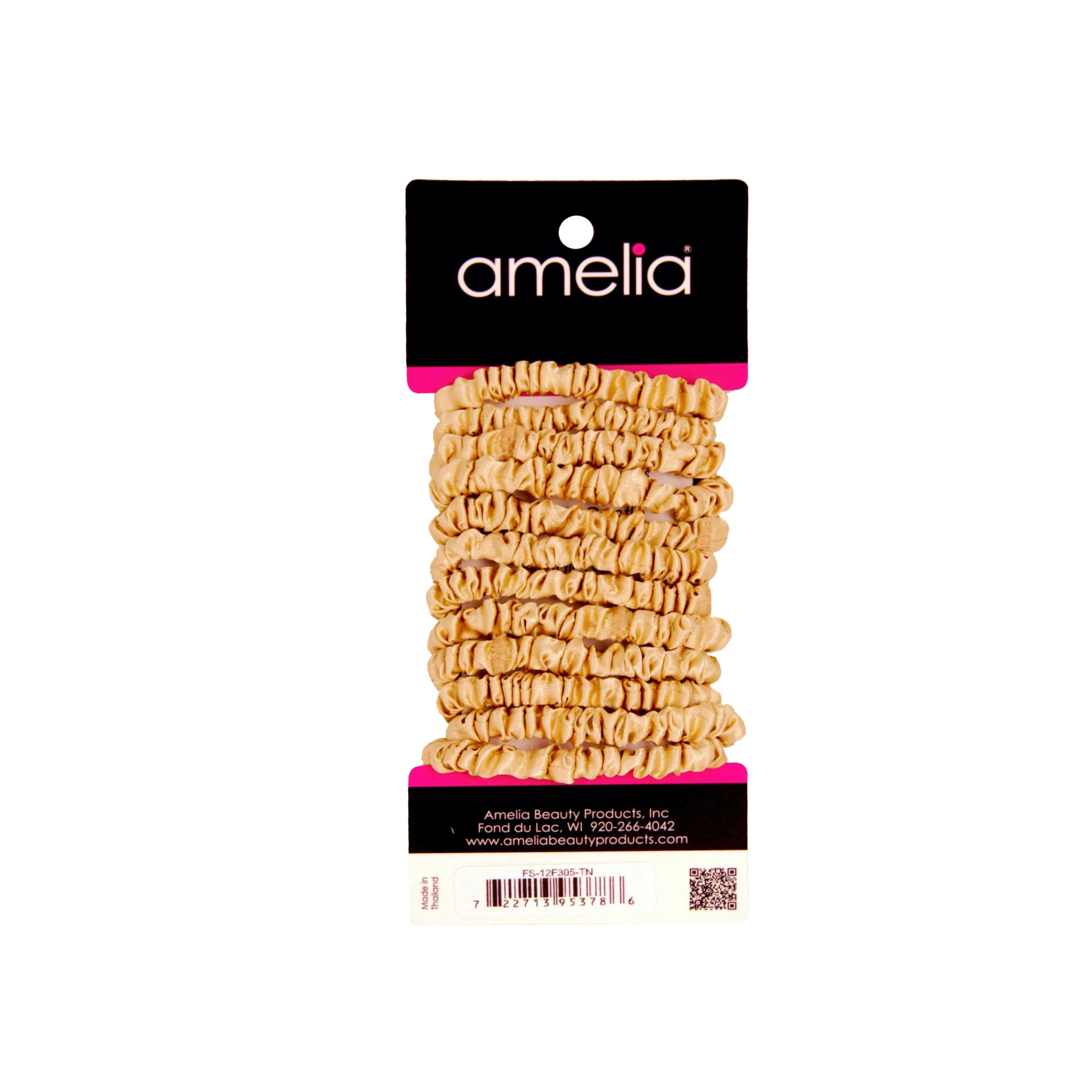 Amelia Beauty, Tan Skinny Satin Scrunchies, 2in Diameter, Gentle and Strong Hold, No Snag, No Dents or Creases. 12 Pack