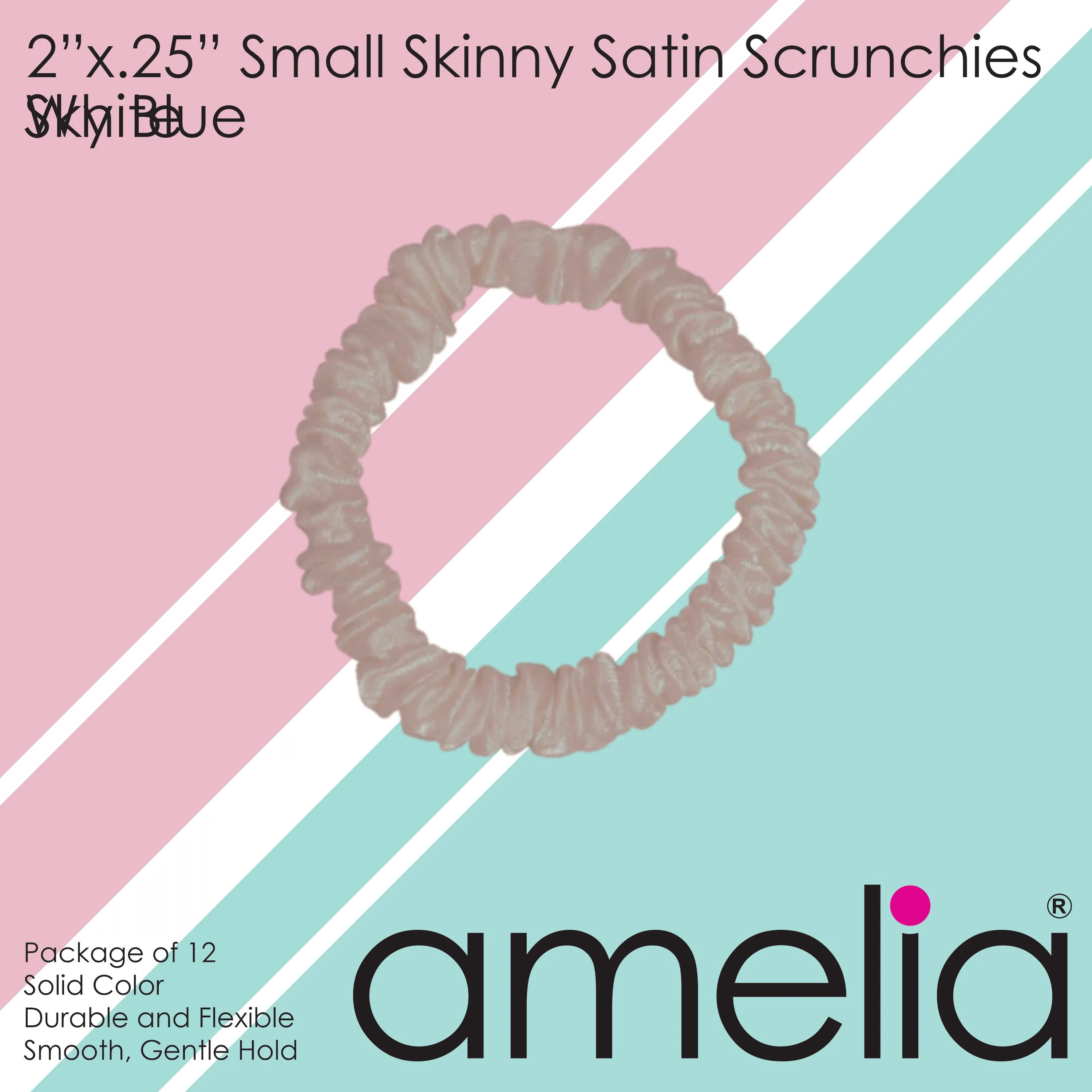 Amelia Beauty, White Skinny Satin Scrunchies, 2in Diameter, Gentle and Strong Hold, No Snag, No Dents or Creases. 12 Pack