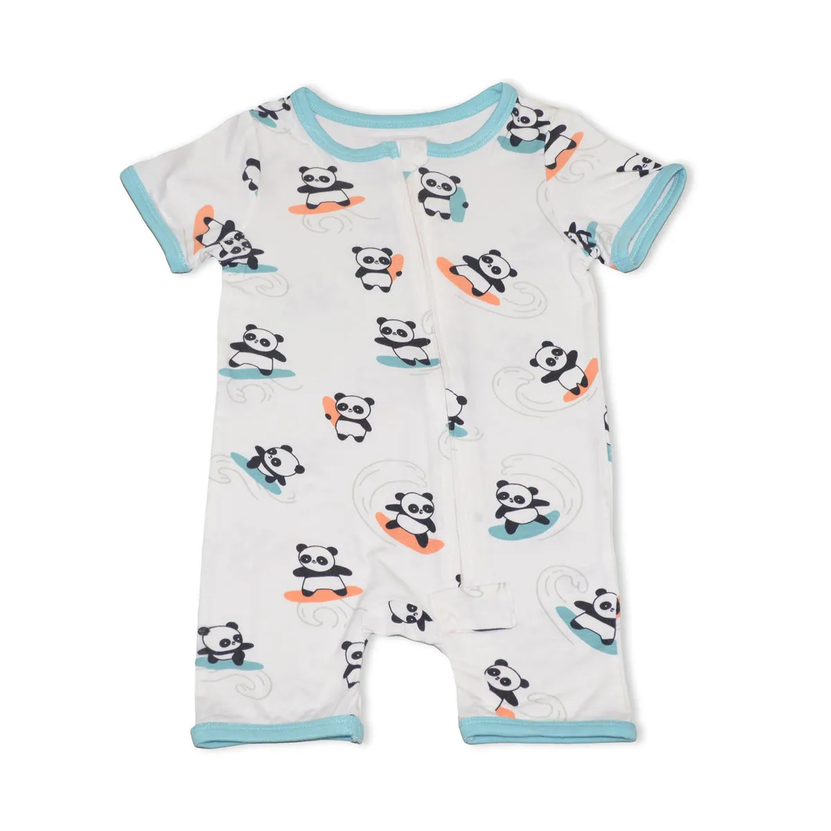 Bamboo Short Sleeve Zippy Romper (Surfs Up Panda Print)