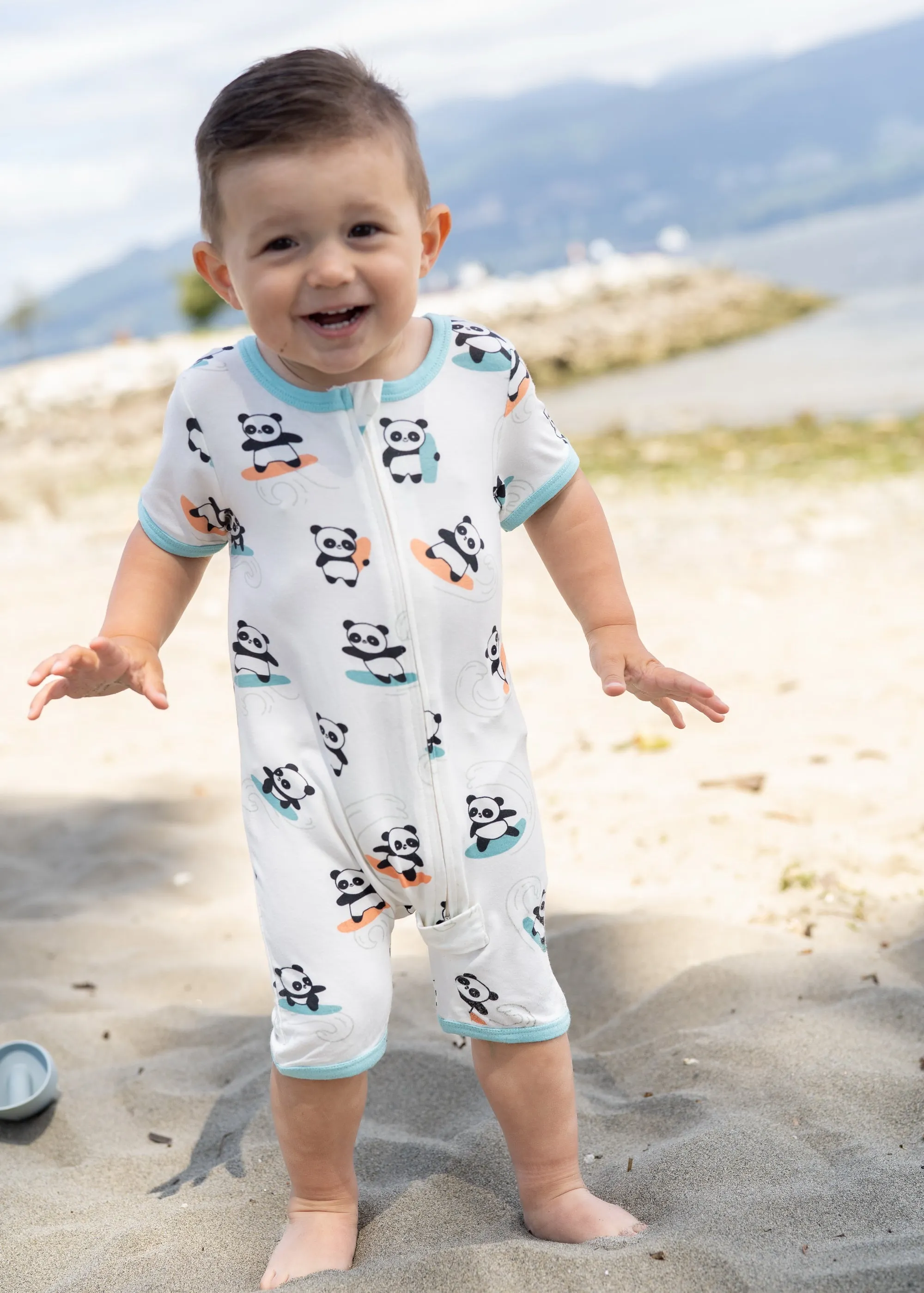 Bamboo Short Sleeve Zippy Romper (Surfs Up Panda Print)