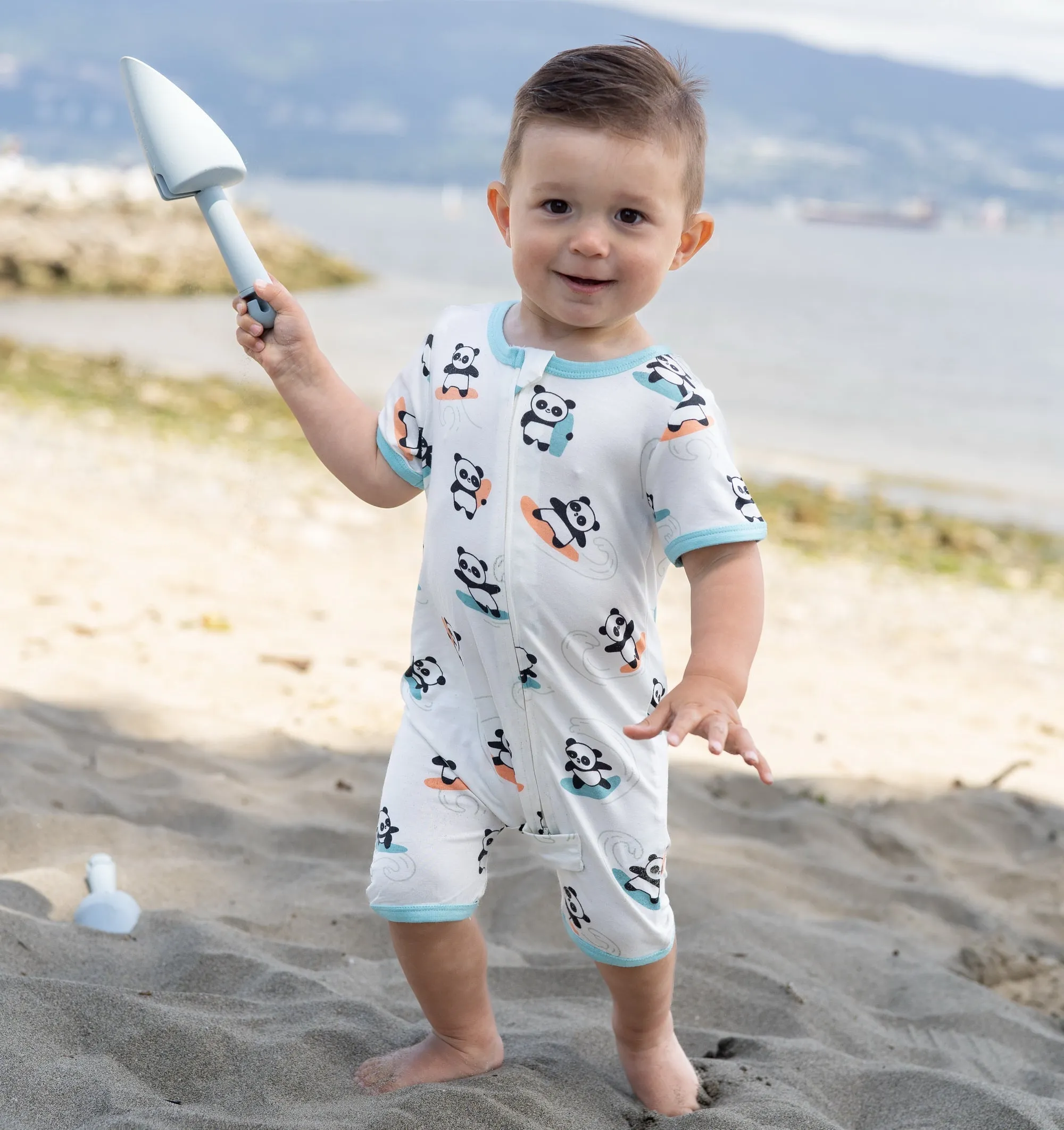 Bamboo Short Sleeve Zippy Romper (Surfs Up Panda Print)