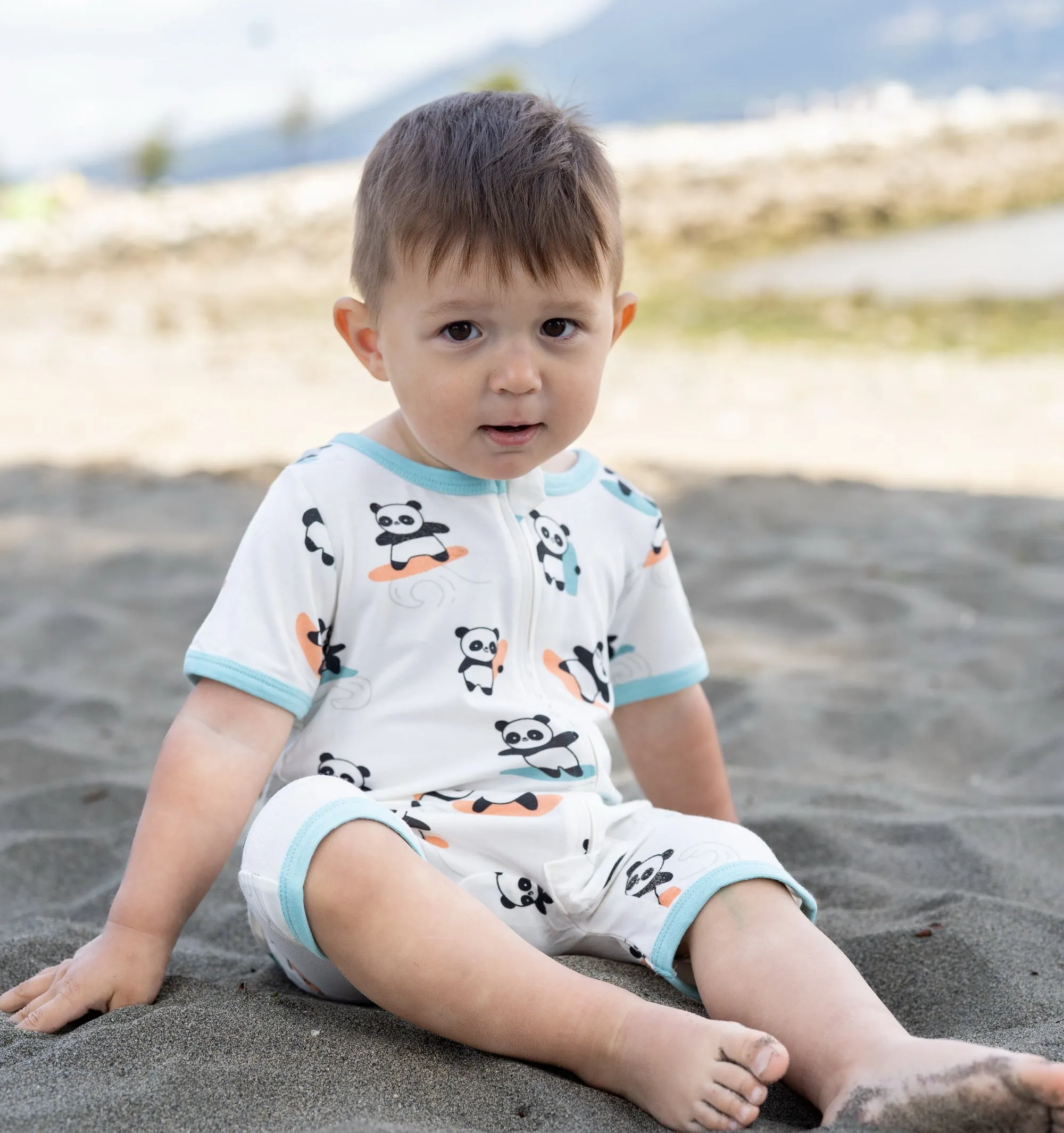 Bamboo Short Sleeve Zippy Romper (Surfs Up Panda Print)