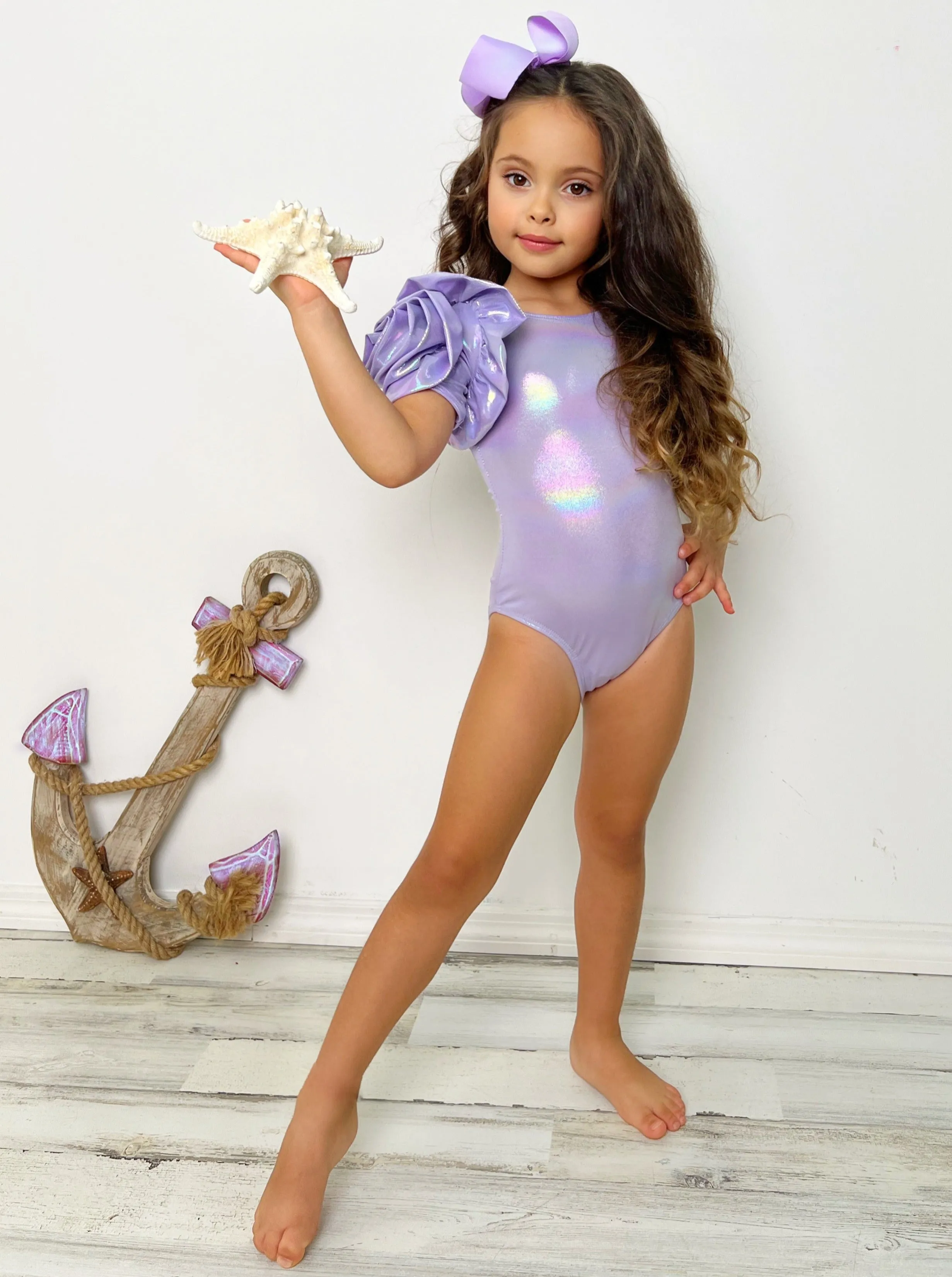 Blooming Rose Sleeve Metallic Purple One Piece Swimsuit