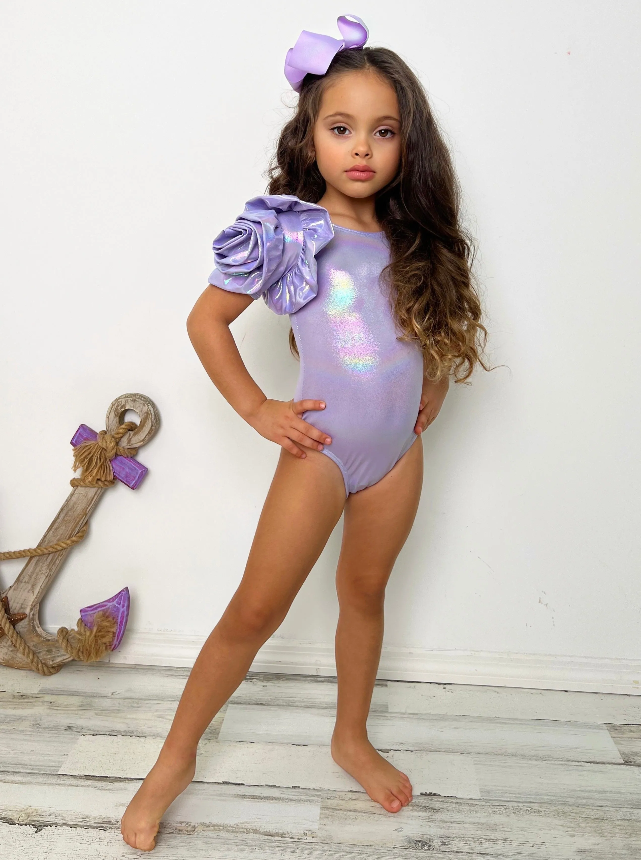 Blooming Rose Sleeve Metallic Purple One Piece Swimsuit