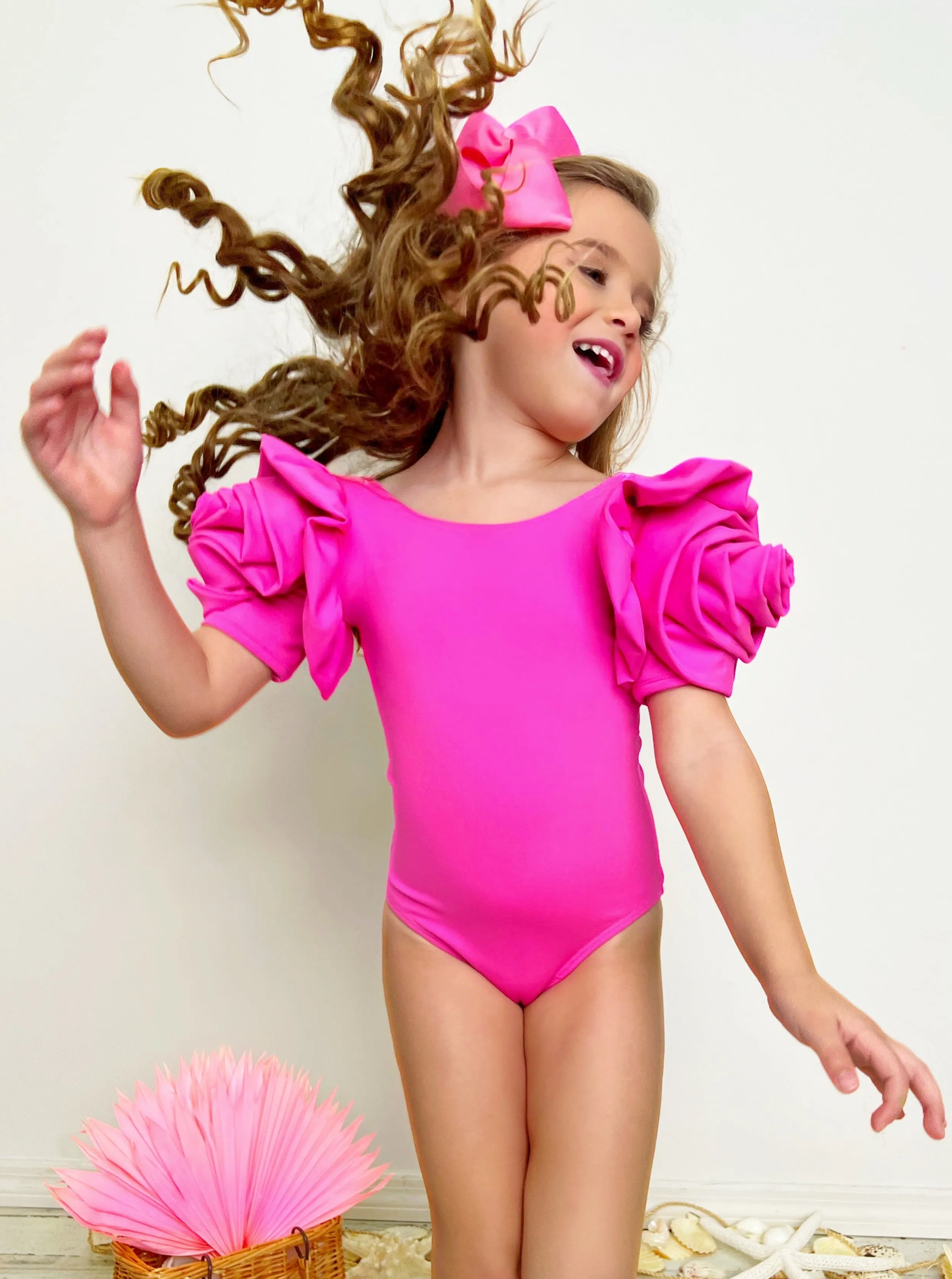 Blooming Rose Sleeve Pink One Piece Swimsuit