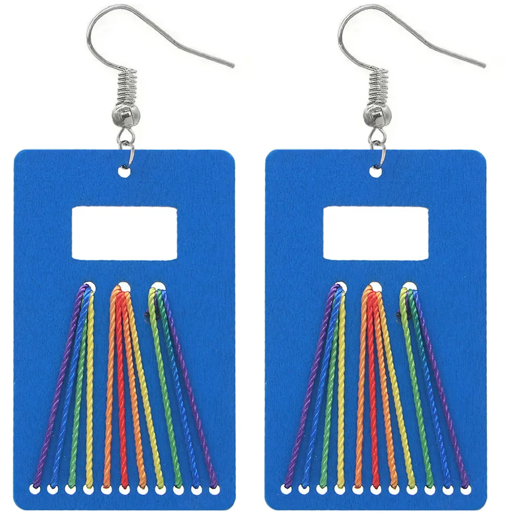 Blue Woven Wooden Rectangle Earrings