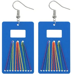Blue Woven Wooden Rectangle Earrings