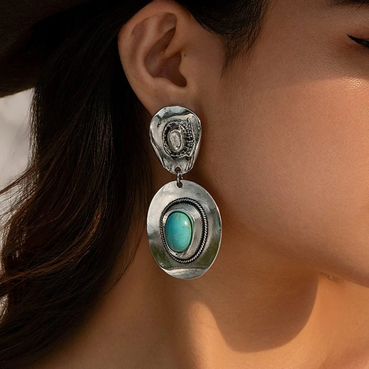 Chic Hippie Turquoise Inlaid Cowboy Hat Dangle Earrings