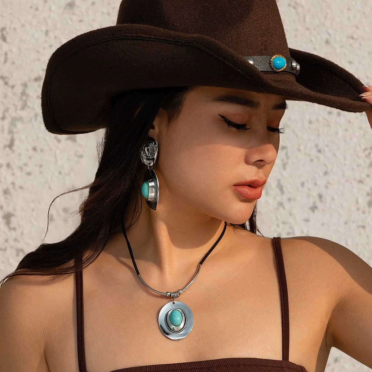 Chic Hippie Turquoise Inlaid Cowboy Hat Dangle Earrings