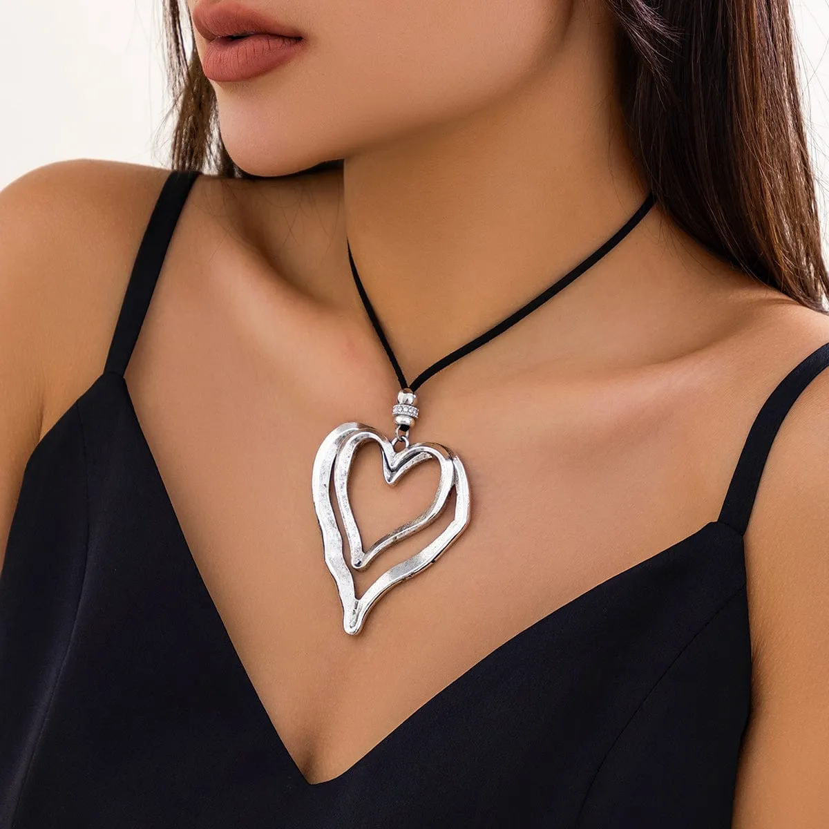 Chic Velvet Double Hollow Heart Pendant Necklace