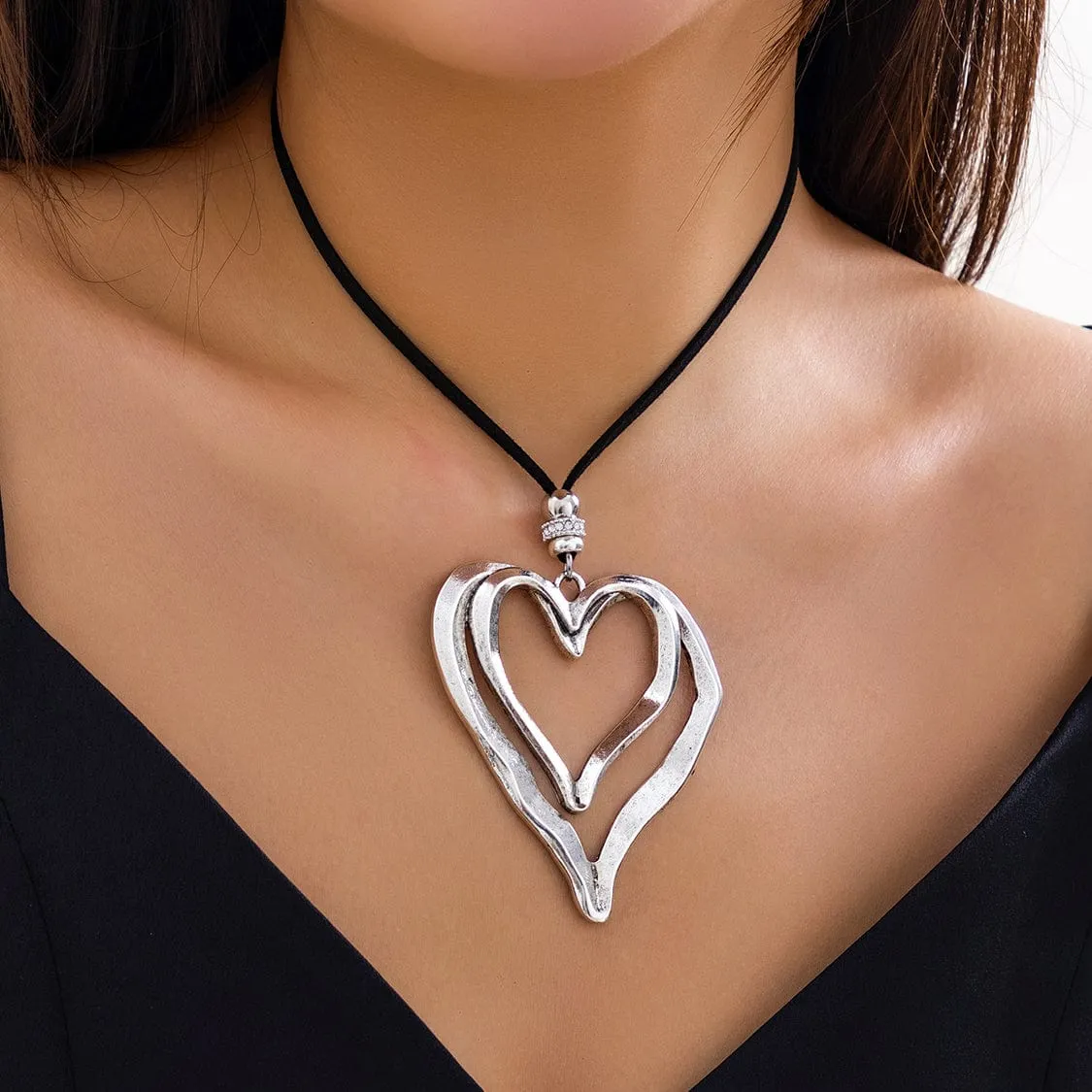 Chic Velvet Double Hollow Heart Pendant Necklace