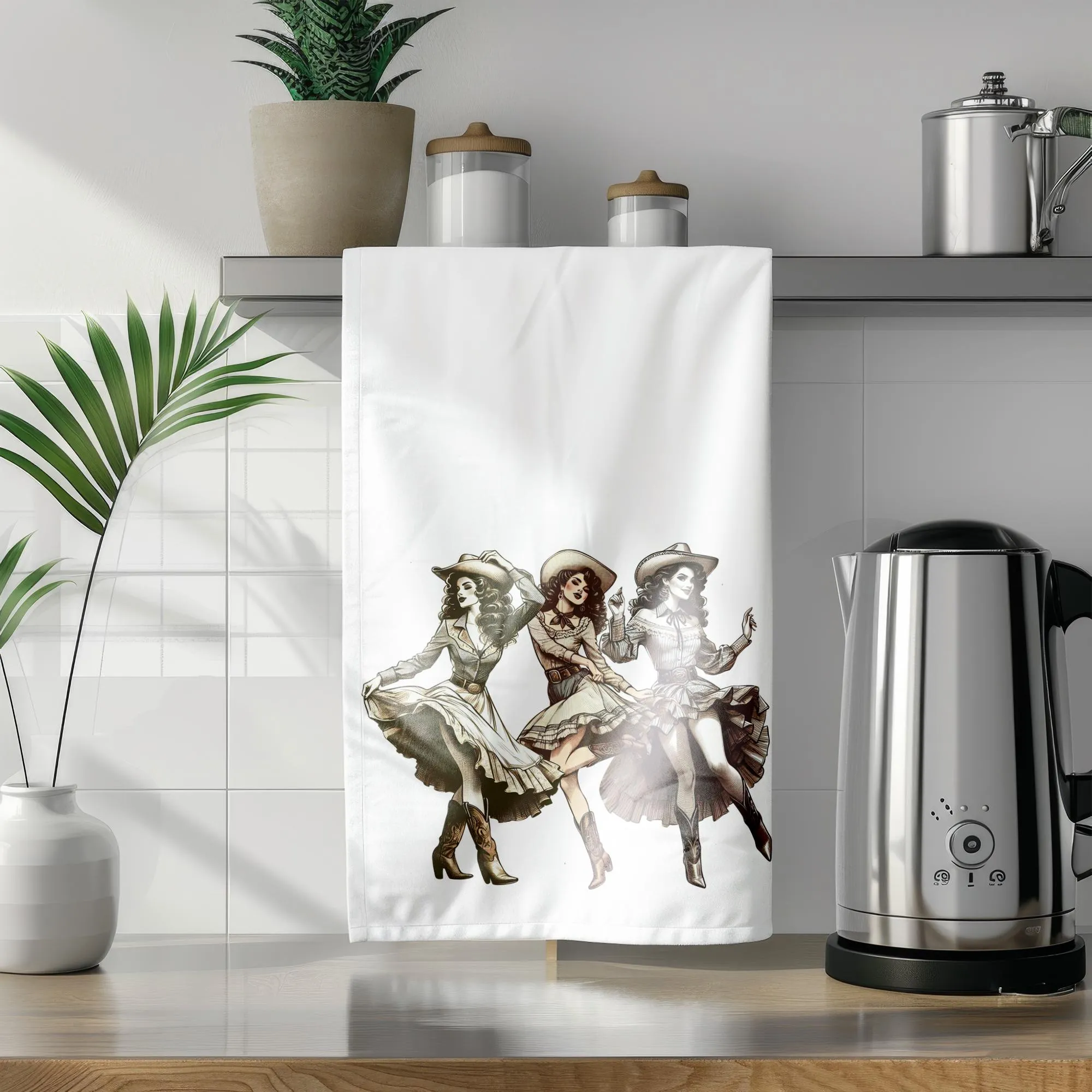 Cowgirl Tea Towel, Sepia-Toned Dancing Cowgirls Design, Perfect for Kitchen Decor or Unique Gift for the Wild West Lover