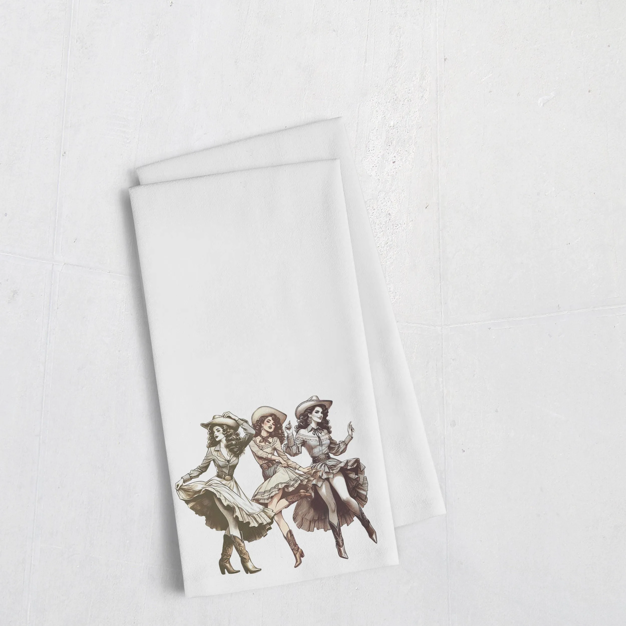 Cowgirl Tea Towel, Sepia-Toned Dancing Cowgirls Design, Perfect for Kitchen Decor or Unique Gift for the Wild West Lover