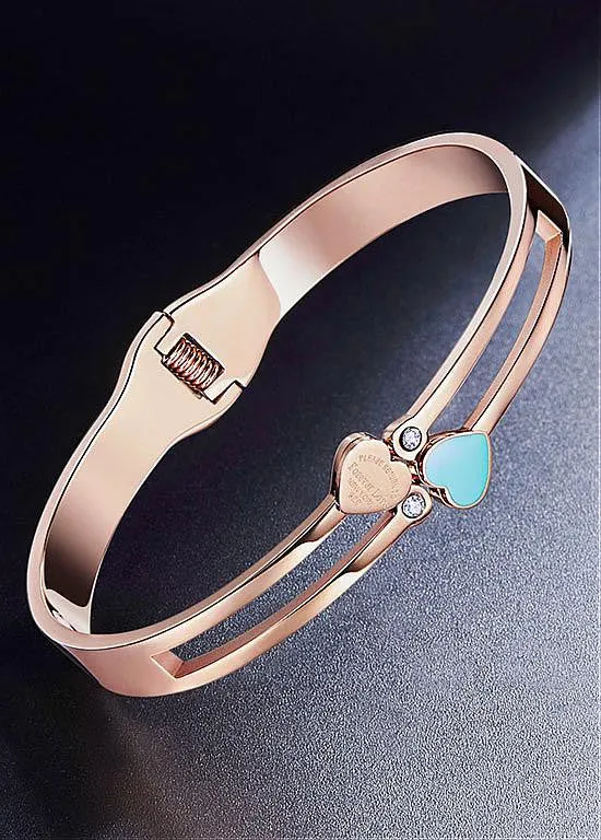 Enamel Heart and Zircon Titanium Steel Bangle