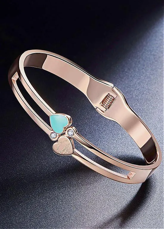 Enamel Heart and Zircon Titanium Steel Bangle