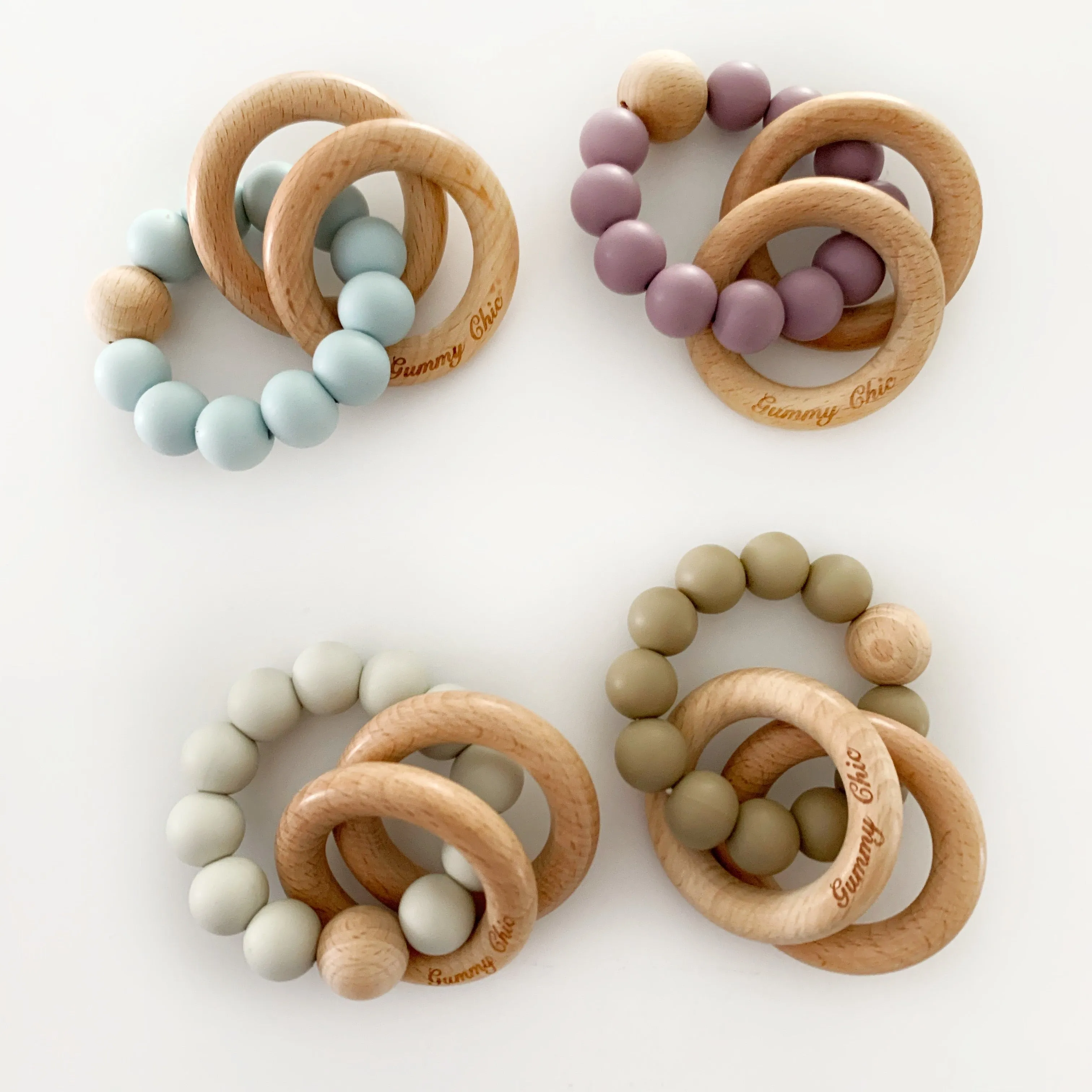 Gummy Chic Teether Rattle with Baby Wood Rattle for Eye-Hand Coordination