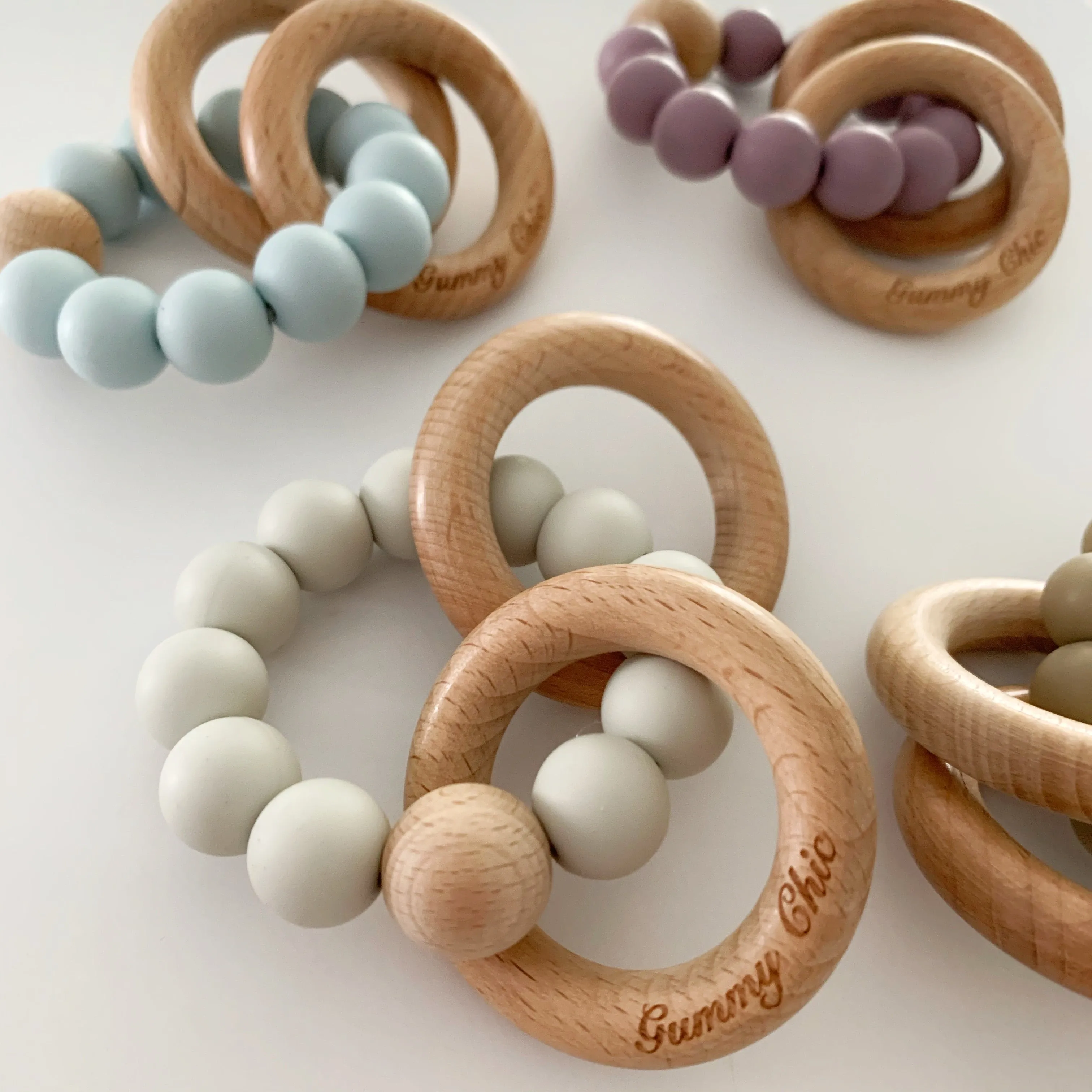 Gummy Chic Teether Rattle with Baby Wood Rattle for Eye-Hand Coordination
