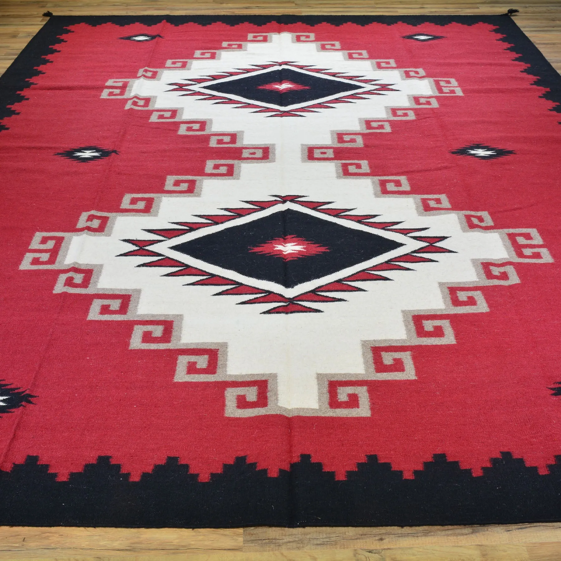 Hand-Woven Southwestern Crystal Starburst Design Reversible Flatweave Wool Rug (Size 9.1 X 12.1) Brral-3468