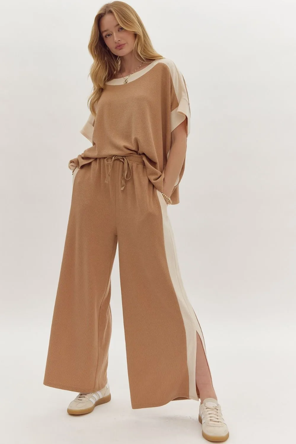 Hazel Blues® |  Solid Ribbed Contrast Trim Boatneck Top in Camel