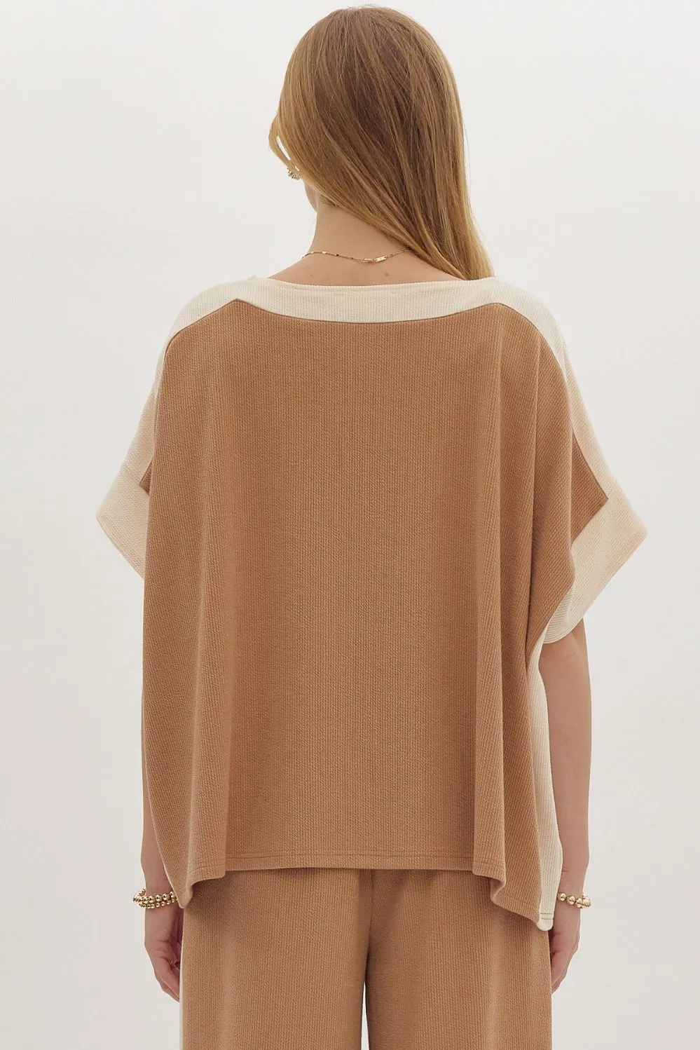 Hazel Blues® |  Solid Ribbed Contrast Trim Boatneck Top in Camel