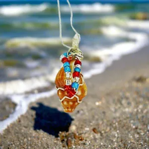 Horse Conch Seashell-Silver Tone Wire Wrapped-Multi Color Glass Beads-Beach Boho Holiday  Handmade Jewelry