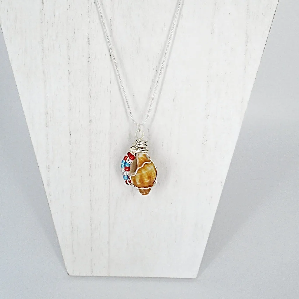 Horse Conch Seashell-Silver Tone Wire Wrapped-Multi Color Glass Beads-Beach Boho Holiday  Handmade Jewelry