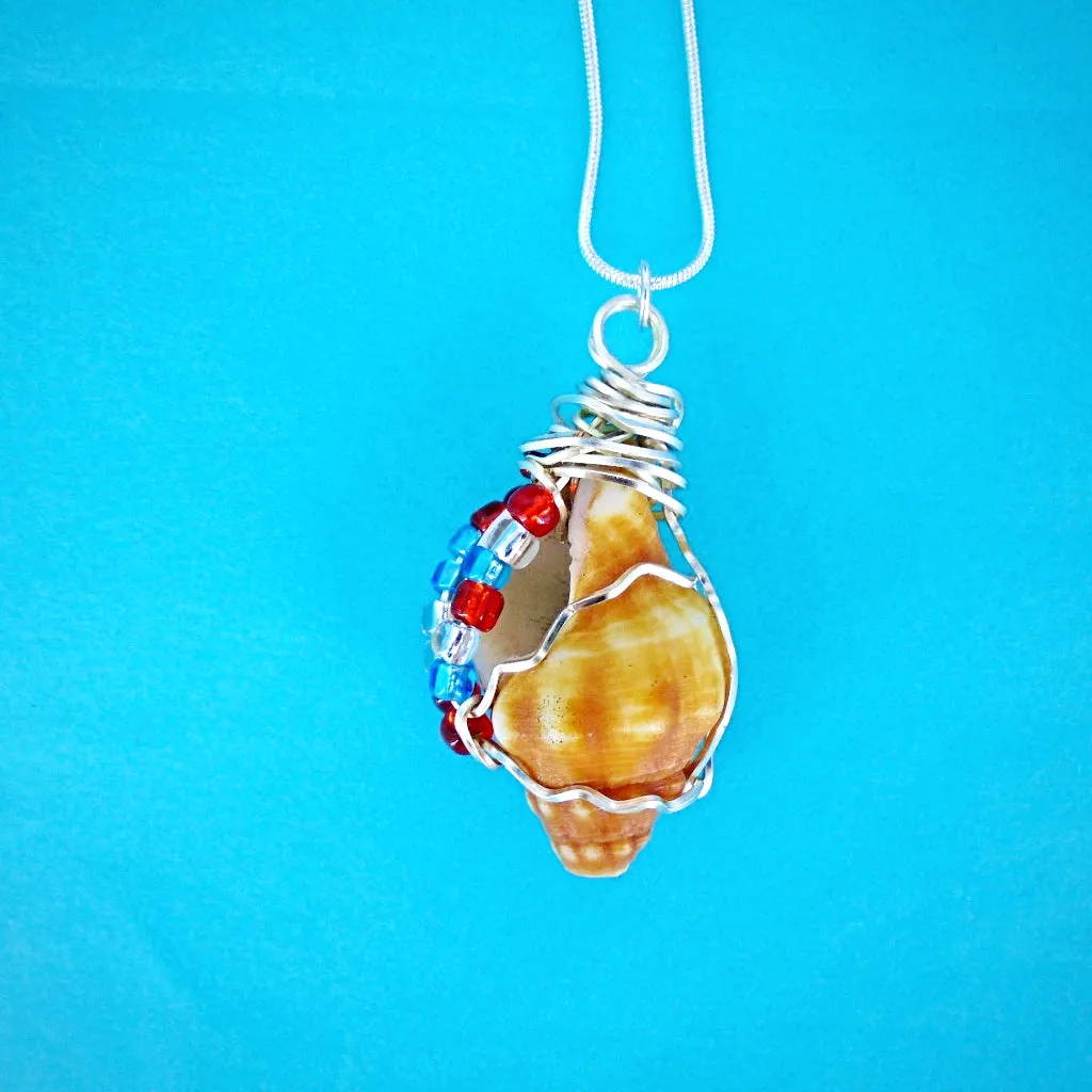 Horse Conch Seashell-Silver Tone Wire Wrapped-Multi Color Glass Beads-Beach Boho Holiday  Handmade Jewelry