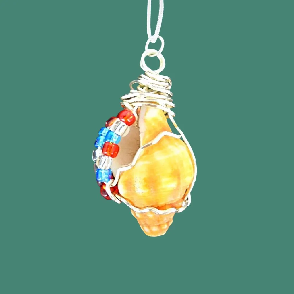 Horse Conch Seashell-Silver Tone Wire Wrapped-Multi Color Glass Beads-Beach Boho Holiday  Handmade Jewelry