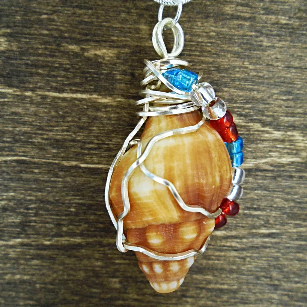Horse Conch Seashell-Silver Tone Wire Wrapped-Multi Color Glass Beads-Beach Boho Holiday  Handmade Jewelry
