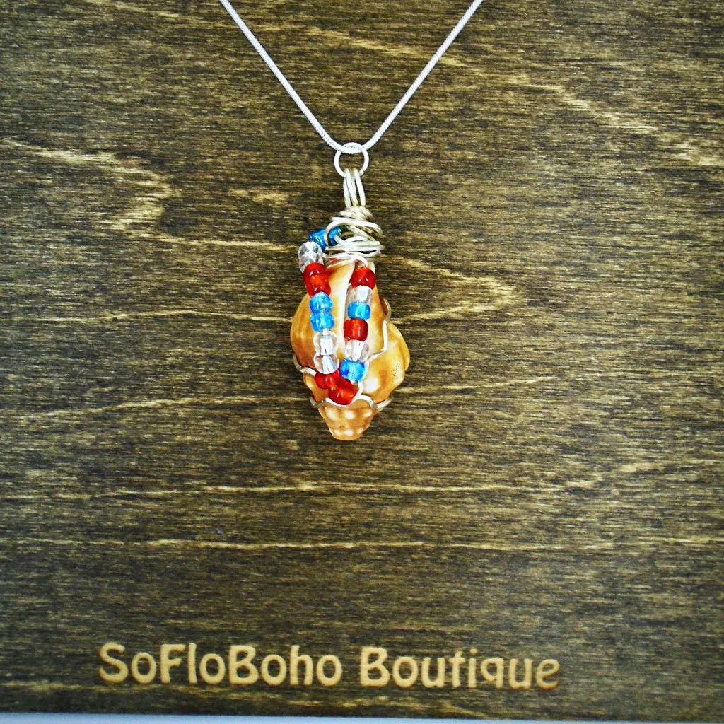 Horse Conch Seashell-Silver Tone Wire Wrapped-Multi Color Glass Beads-Beach Boho Holiday  Handmade Jewelry