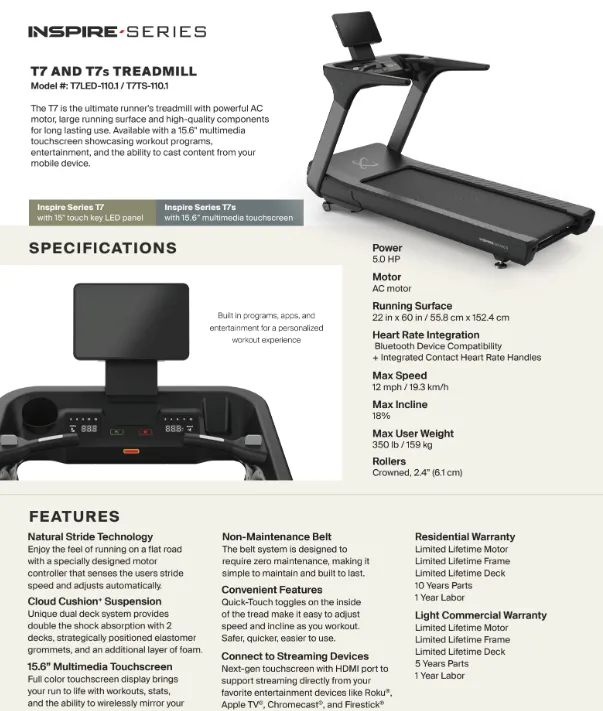 INSPIRE T7TS TREADMILL W/ 15.6 TOUCH