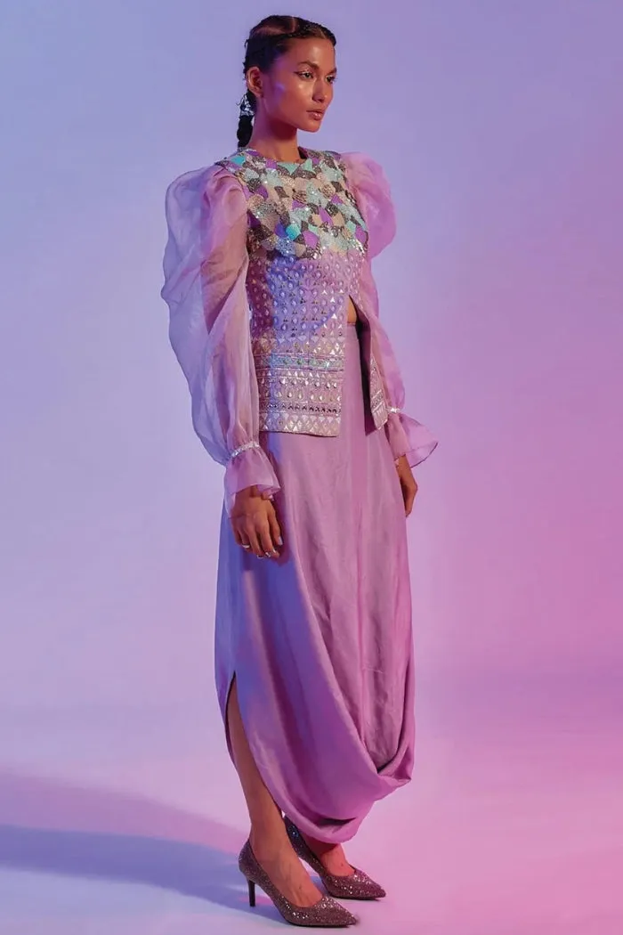 INTRICATE EMBELLISHED LILAC JACKET WITH EXAGGERATED ORGANZA SLEEVES TEAMED WITH A DRAPE SKIRT