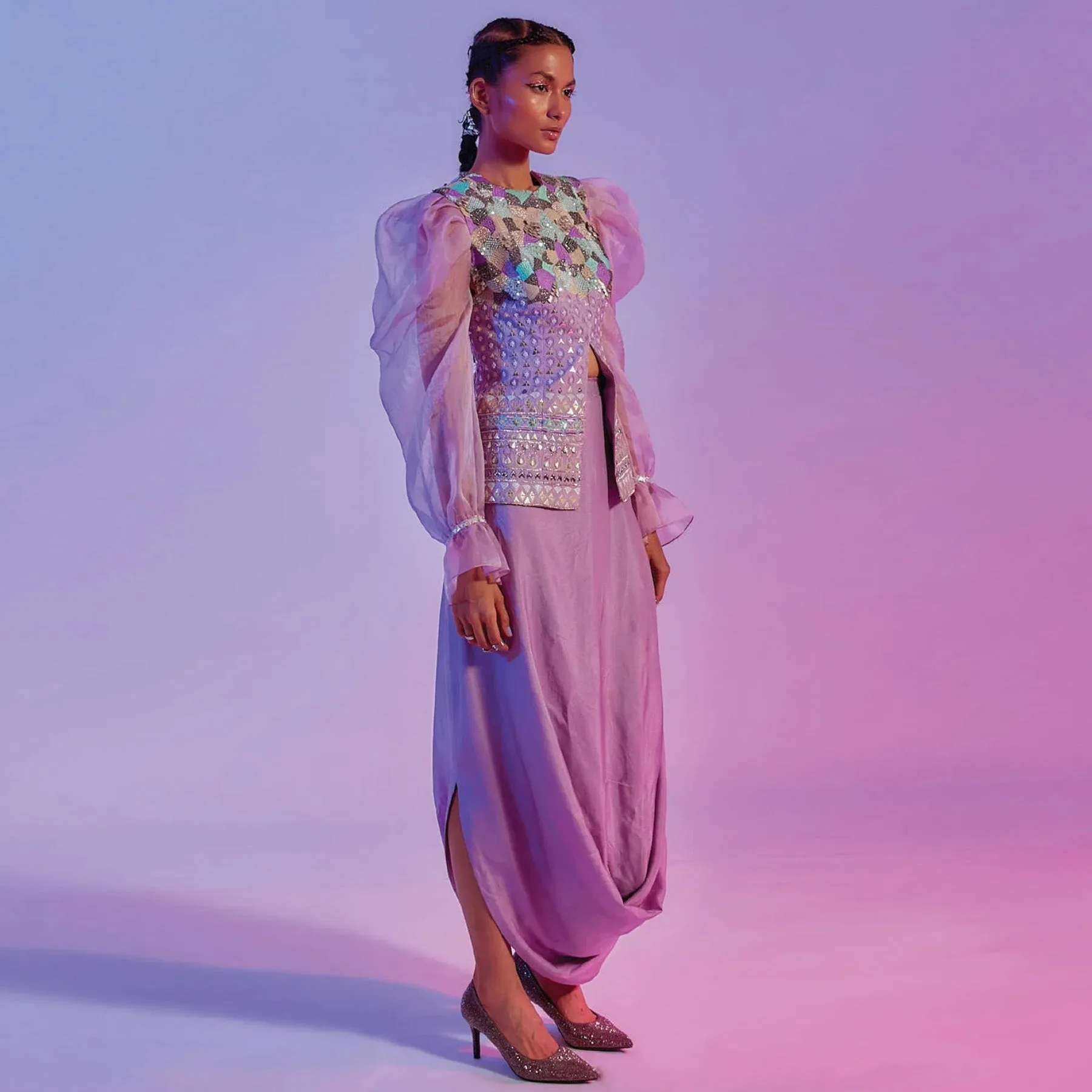 INTRICATE EMBELLISHED LILAC JACKET WITH EXAGGERATED ORGANZA SLEEVES TEAMED WITH A DRAPE SKIRT
