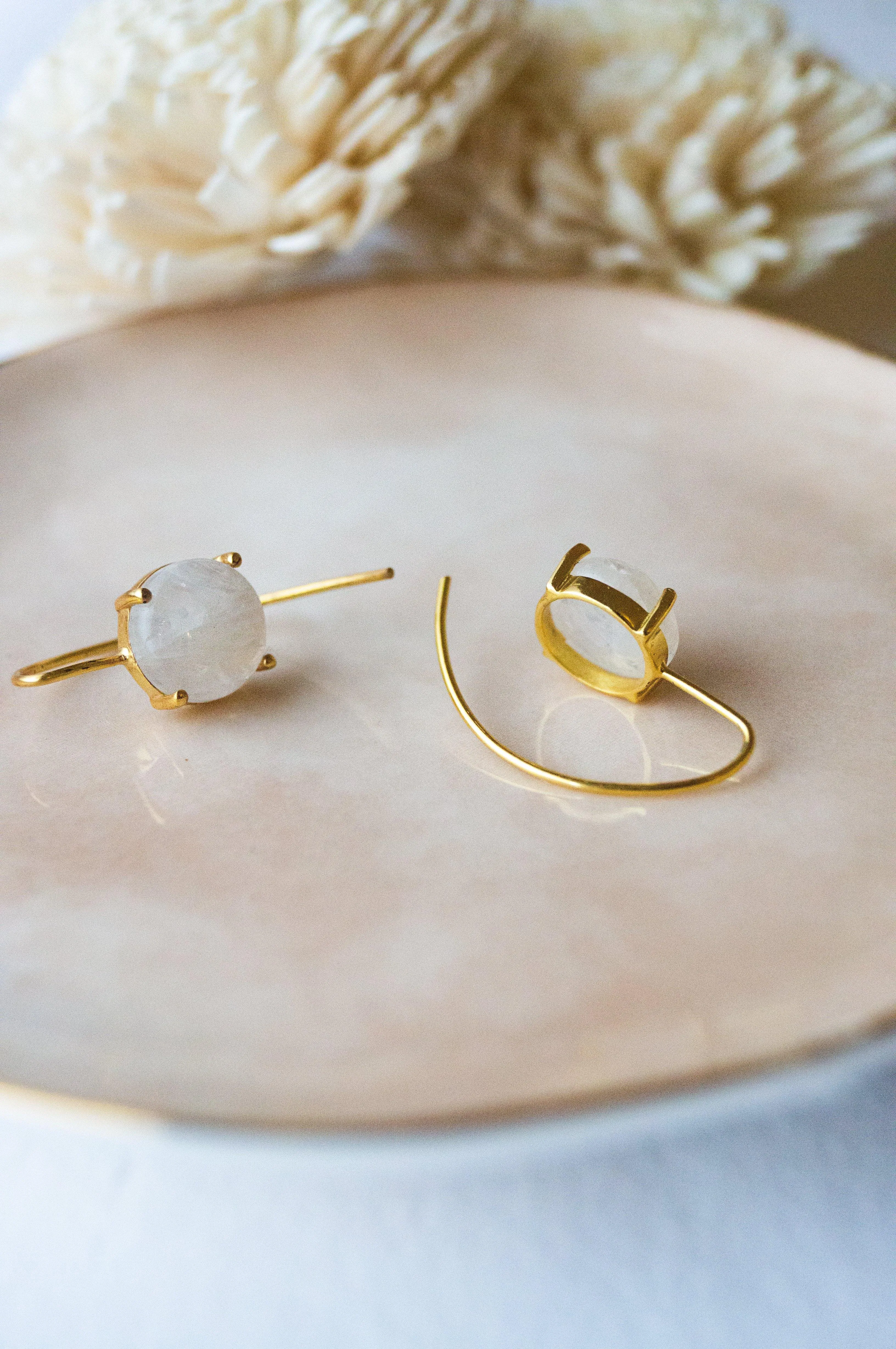 Minimal Blush Rainbow Moonstone Sterling Silver Slip On Earrings