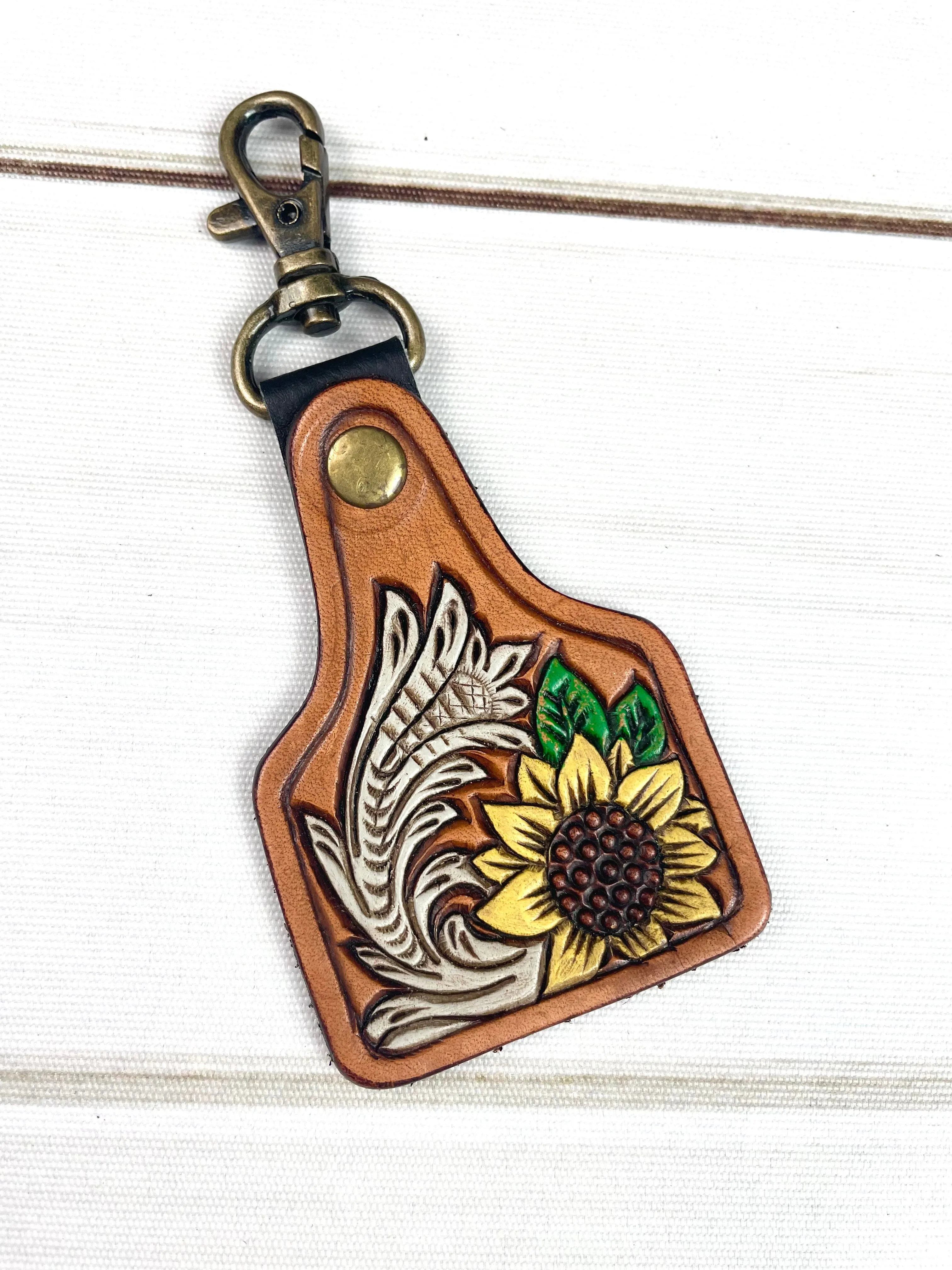Neutral Sunflower Leather Key Tag