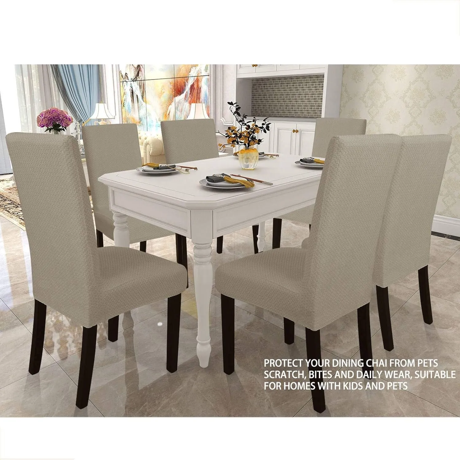 NEW Stretch Dining Chair Covers, Universal Chair Protector Twill Jacquard Removable Washable Chair Cover for Dining Room Kitchen-Khaki-Set of 4, Retails $63